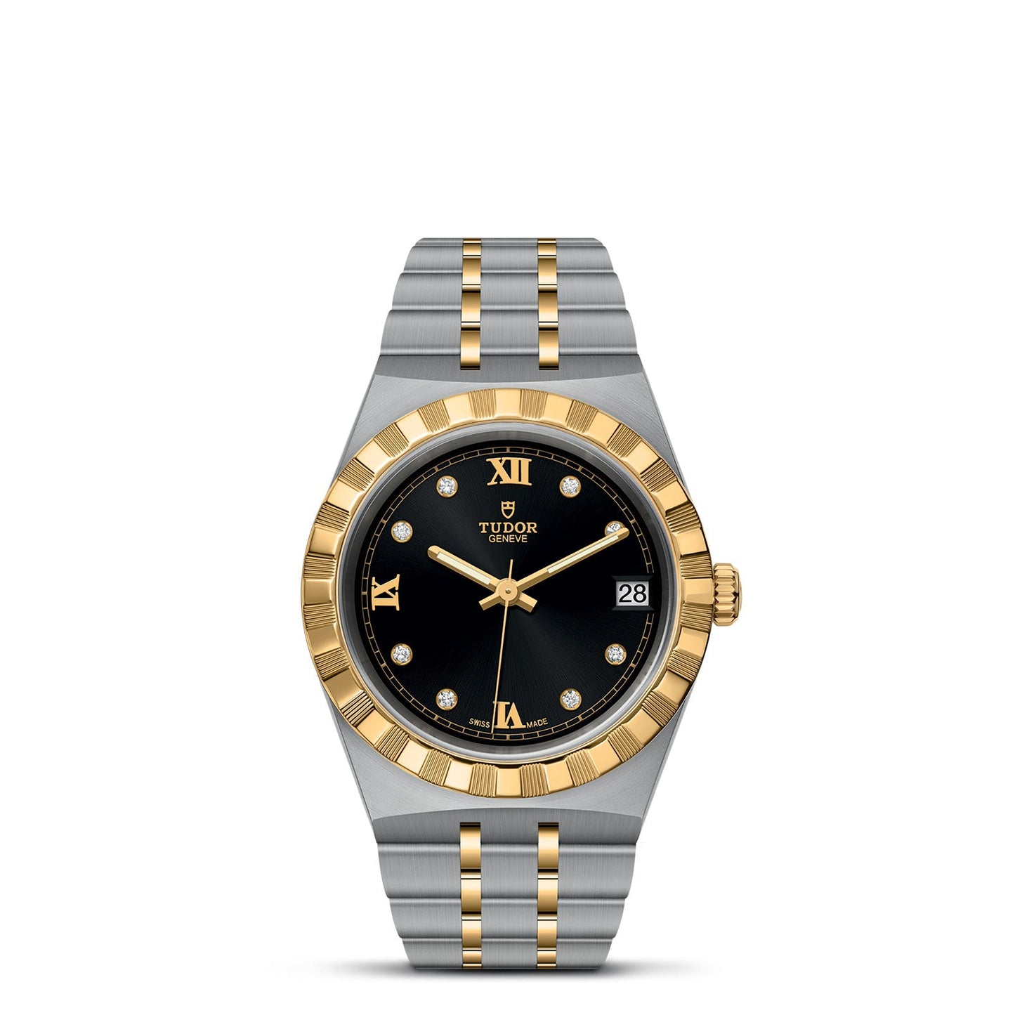 The TUDOR Royal luxury wristwatch features a sport-chic design with a two-tone bracelet in silver and gold. It showcases a black face adorned with Roman numerals, diamond-set markers, and a date display at the 3 o'clock position, while the TUDOR brand name is prominently displayed on the watch face.