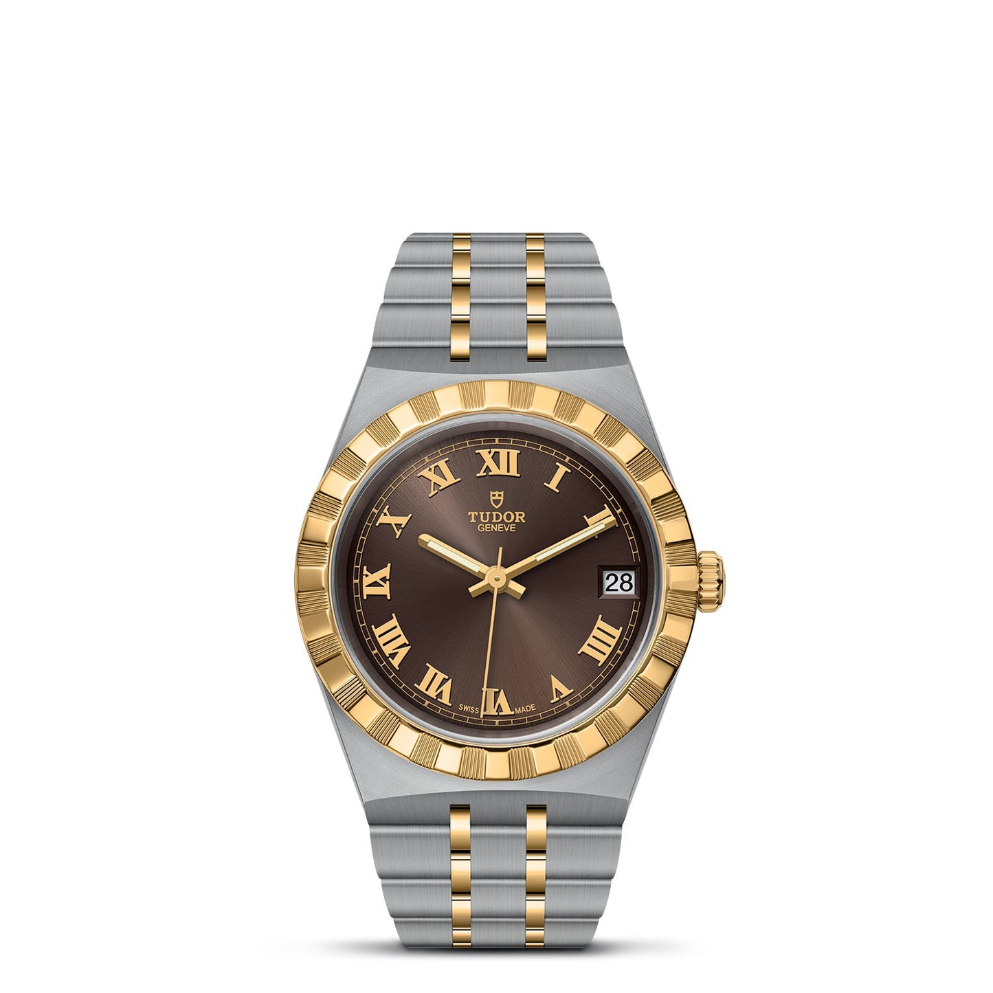 Introducing the TUDOR Royal, a luxurious timepiece from TUDOR that seamlessly combines stainless steel and gold in its stunning metal bracelet. The round dial showcases a brown face with gold Roman numerals and includes a date display located at the 3 o'clock position. Its fluted bezel, paired with a mix of polished and brushed finishes, embodies sport-chic elegance.