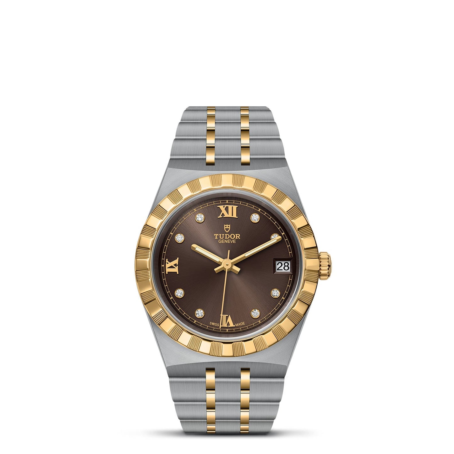 The TUDOR Royal watch by TUDOR presents a sport-chic aesthetic with its brown dial highlighted by Roman numerals and diamond markers. It boasts an automatic movement and combines elegance through its stainless steel and gold-toned bracelet, accented by a fluted gold-tone bezel and a 3 o'clock date display.