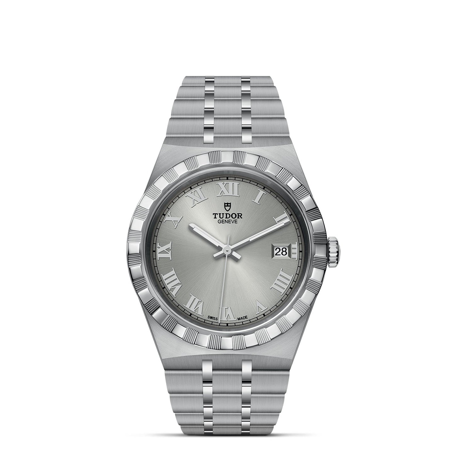 A stylish TUDOR Royal wristwatch in silver, complete with an integrated metal bracelet and a round face. It features Roman numerals on the dial, a date window at 3 o'clock, and proudly displays the "TUDOR" logo. The textured bezel adds to its sport-chic appeal.