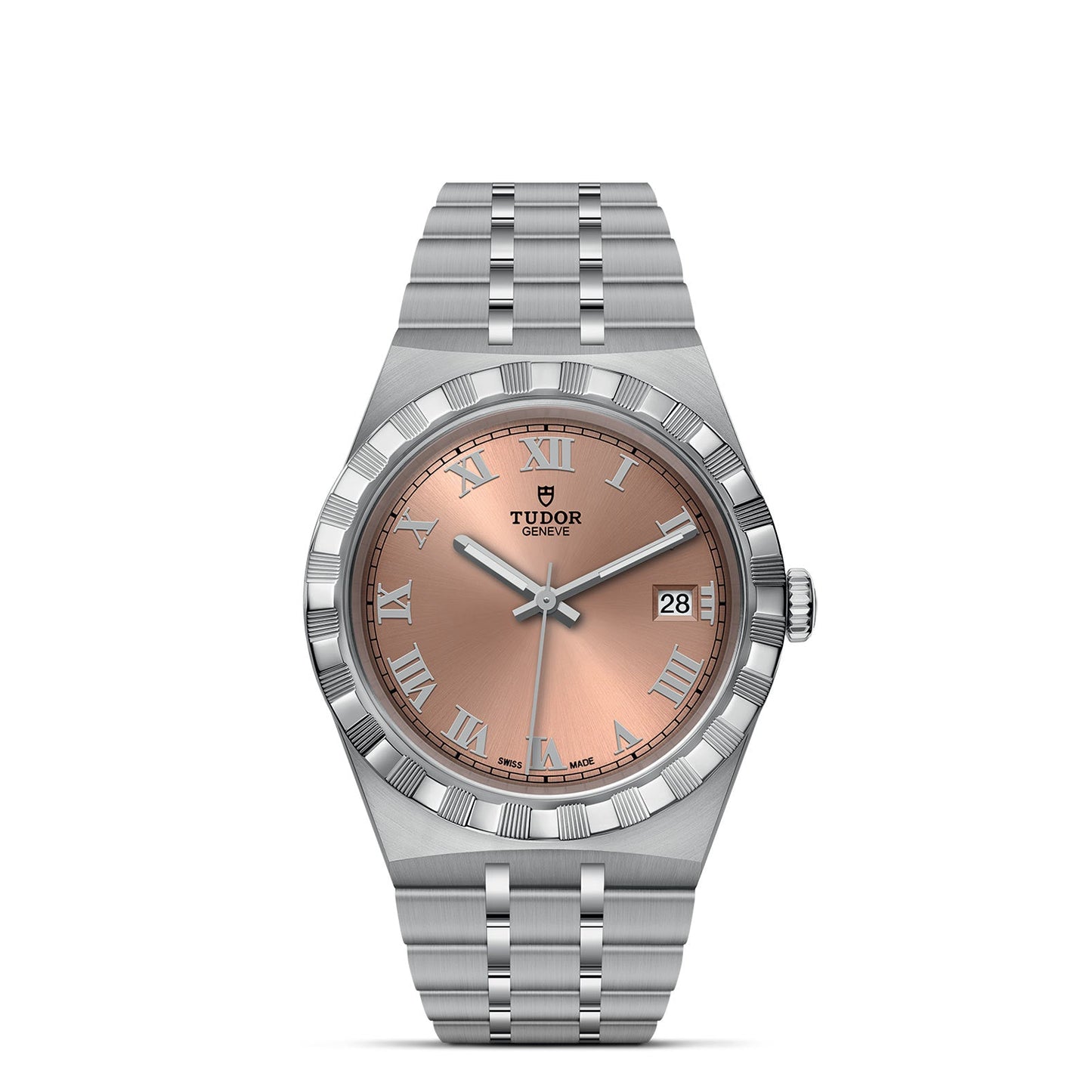 Explore the sophistication of the TUDOR Royal collection with this silver Tudor timepiece, boasting an automatic sport-chic design. This watch features a stainless steel band and a brushed pink dial adorned with Roman numerals, complete with a date display at 3 o'clock. The fluted bezel and luminescent hands enhance its stylish appeal.