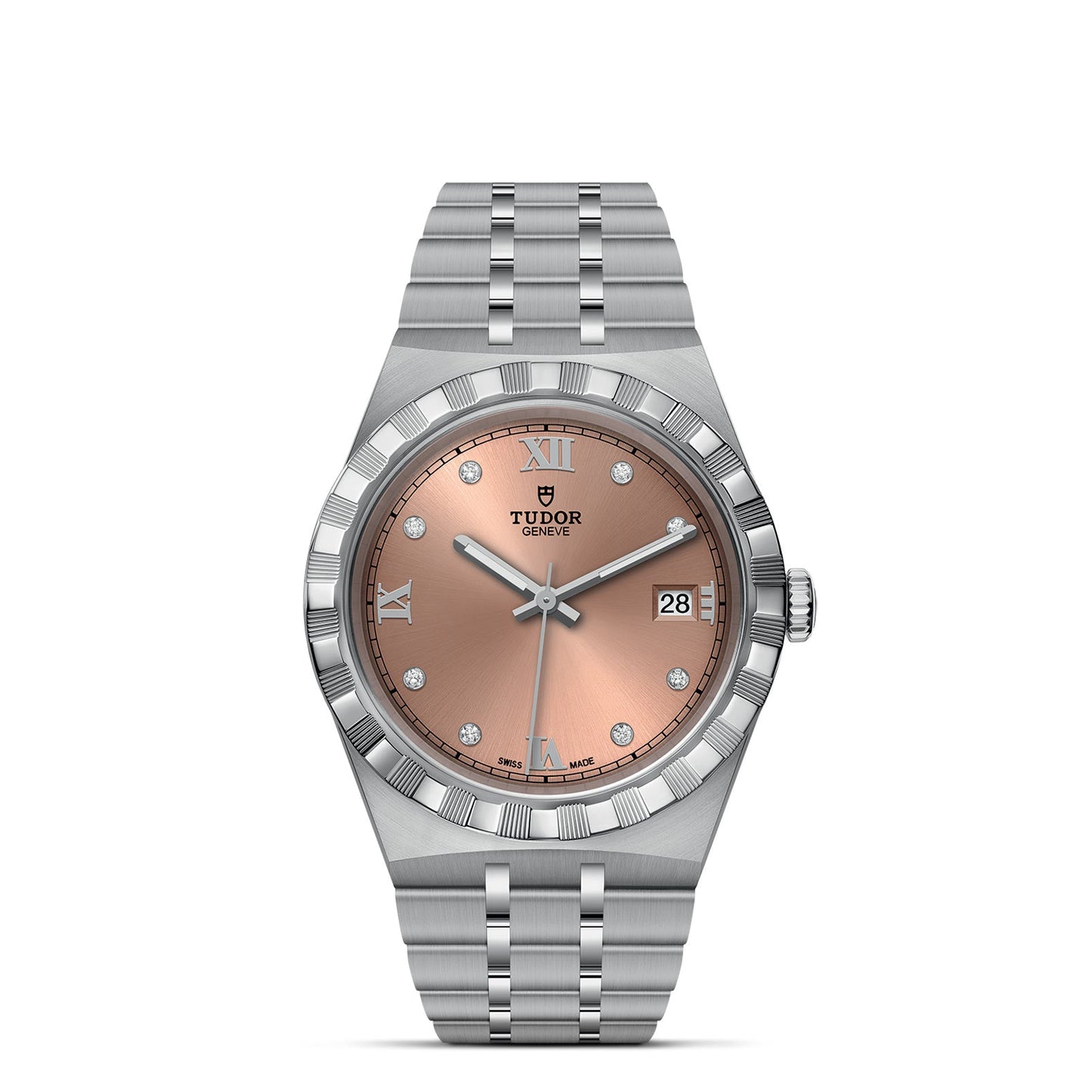 The TUDOR Royal, from the esteemed TUDOR brand, features an elegant stainless steel and gold band complemented by a rose gold dial. The watch face is elegantly detailed with Roman numerals and diamond markers, incorporating a date display positioned at 3 o'clock. This sophisticated timepiece is finished with a fluted bezel, making it a distinguished addition to the collection of automatic sport-chic watches.