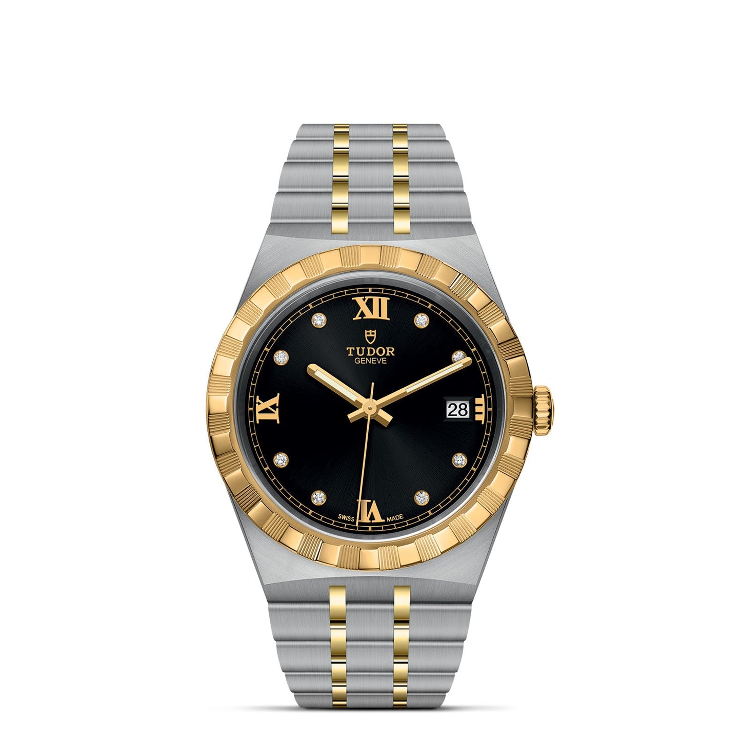The TUDOR Royal by TUDOR displays a black dial adorned with gold Roman numeral and diamond hour markers. It boasts a sophisticated gold and silver bezel, paired with a two-tone stainless steel and gold bracelet. This automatic sport-chic timepiece includes a date window at 3 o'clock.