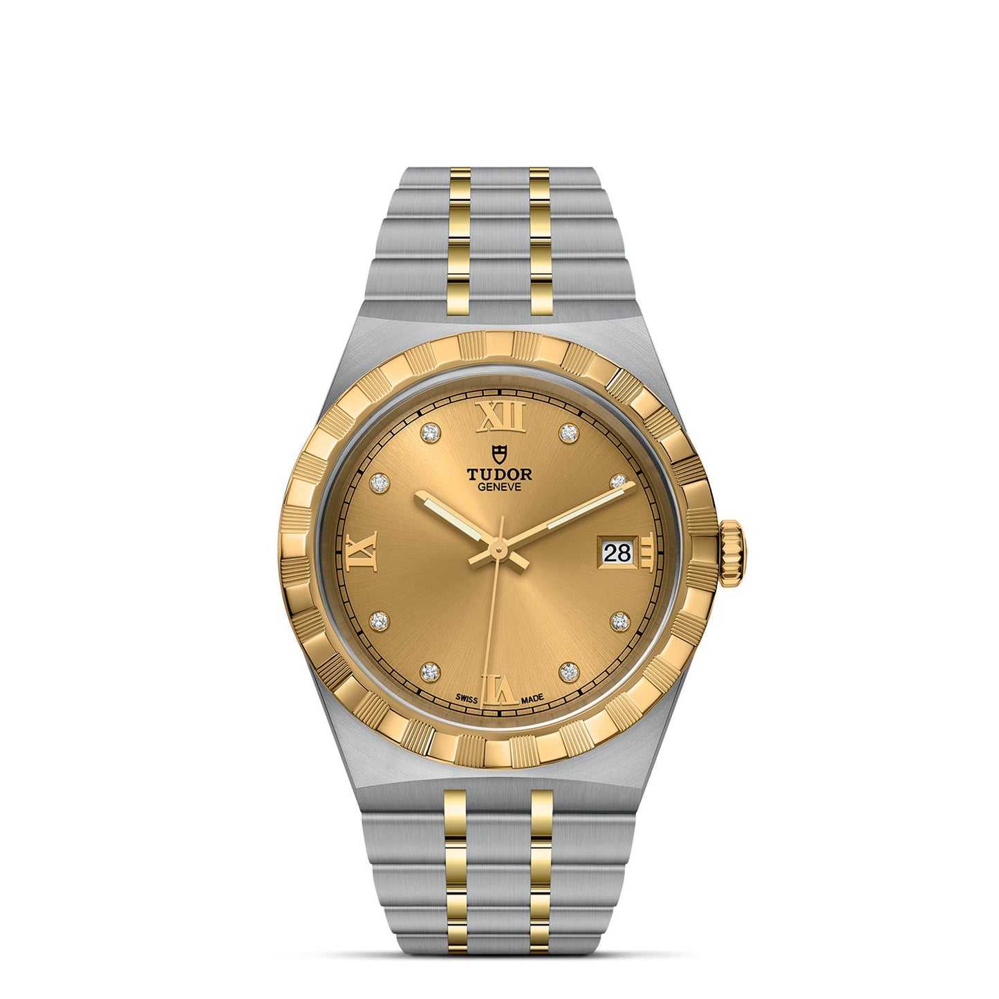 The TUDOR Royal by TUDOR is a luxurious wristwatch that elegantly combines stainless steel and gold in its band. It boasts a stunning gold dial adorned with diamond hour markers, Roman numerals, and includes a date display at the 3 o'clock position. The watch's fluted bezel enhances its sporty-chic aesthetic, with the "Tudor" name prominently featured on the dial.