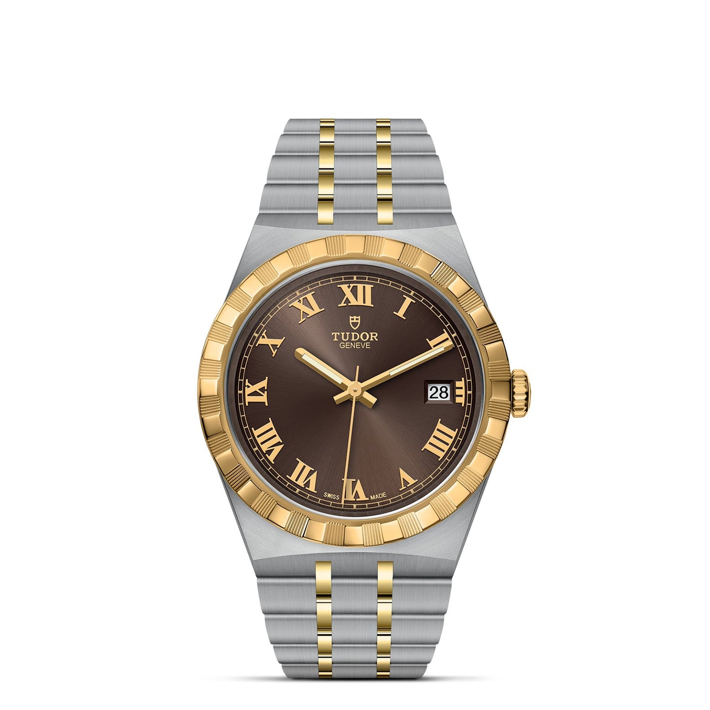 The TUDOR Royal is a luxury wristwatch from TUDOR, showcasing a brown dial adorned with gold Roman numerals. It boasts a bezel and center links made of gold, which are beautifully paired with silver stainless steel throughout the rest of the band. This automatic sport-chic timepiece also includes a date display on its sophisticated face.