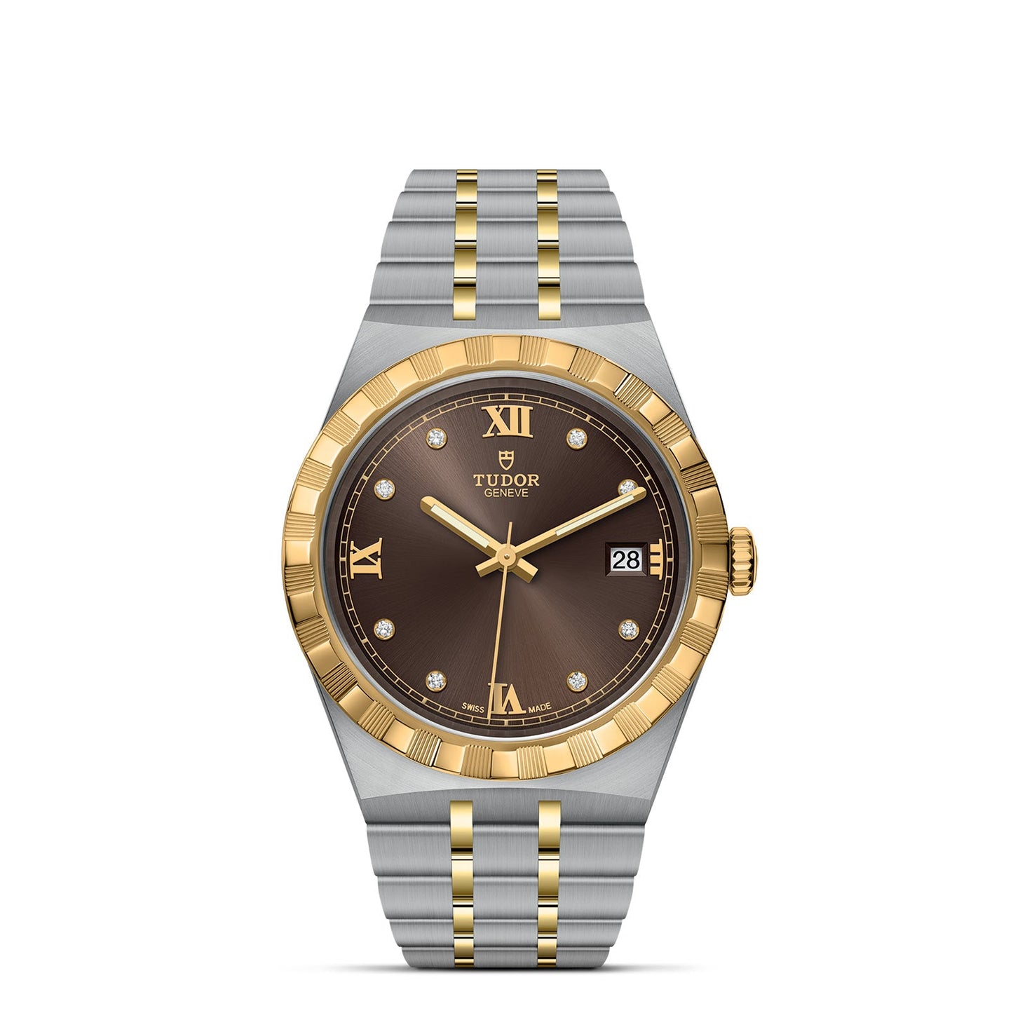 The TUDOR Royal, crafted by TUDOR, is an exquisite luxury wristwatch featuring a stainless steel and gold two-tone bracelet. It boasts a brown dial adorned with diamond markers and gold Roman numerals, complemented by a date display at the 3 o'clock position and an elegant gold bezel. As an automatic sport-chic watch, it embodies timeless style and sophistication.