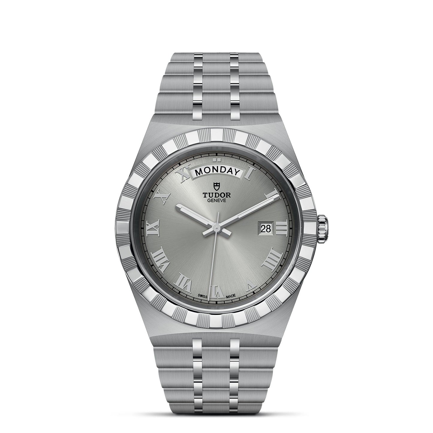 The TUDOR Royal wristwatch, crafted by the prestigious brand TUDOR, features a sleek silver design and a polished metal bracelet. It includes an automatic day display at the top and a date window positioned at 3 o'clock. The gray dial is elegantly decorated with Roman numerals and encircled by a textured bezel, enhancing its sport-chic allure.
