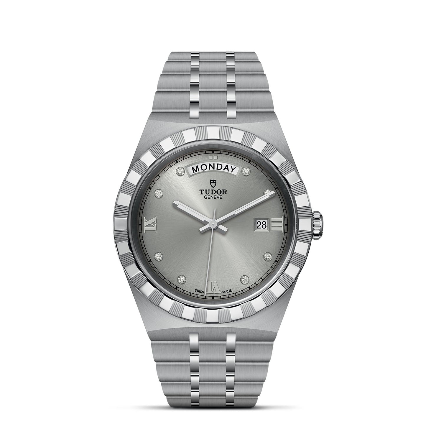 The TUDOR Royal wristwatch exemplifies the perfect blend of automatic sport-chic elegance. It showcases a silver stainless steel bracelet accented with glints of gold, a grey round dial complete with day and date display, diamond hour markers, and a fluted bezel. The iconic TUDOR brand logo is prominently positioned at 12 o'clock.