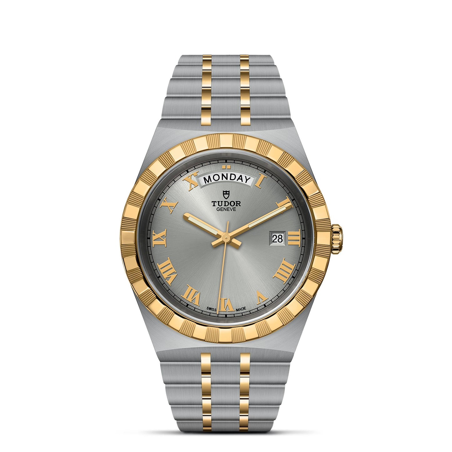 The TUDOR Royal, a luxury wristwatch from the TUDOR brand, combines sport-chic style with elegance. It features a silver and gold bracelet and a silver dial adorned with gold Roman numeral hour markers. The watch displays the day at 12 o'clock and the date at 3 o'clock. A gold fluted bezel enhances its timeless allure.