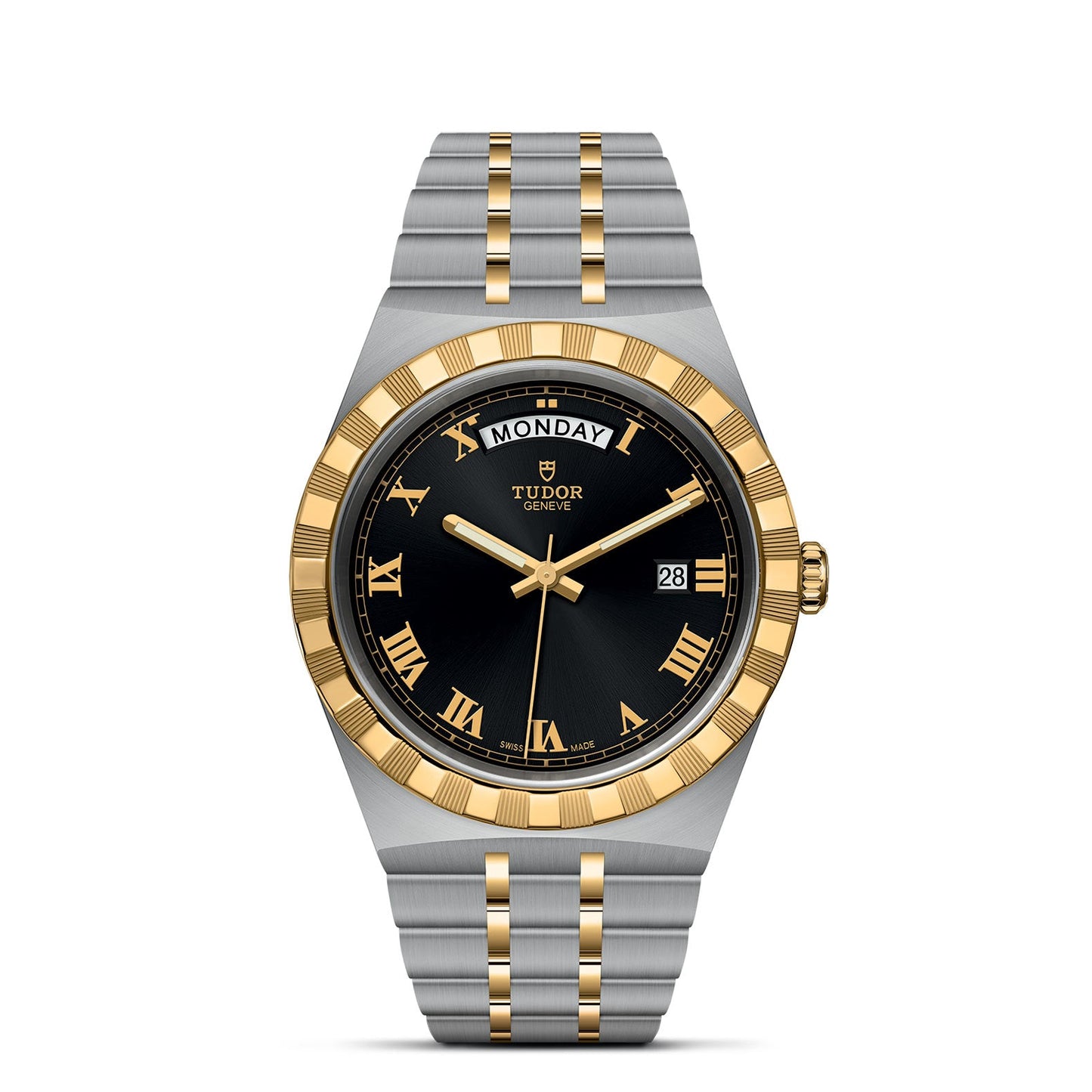 The TUDOR Royal by TUDOR features a refined two-tone bracelet in silver and gold. Its black dial is adorned with gold Roman numerals, a date display at 3 o'clock, and a day window positioned at 12 o'clock. The watch's elegant design is further highlighted by its fluted gold bezel, embodying an automatic sport-chic aesthetic.