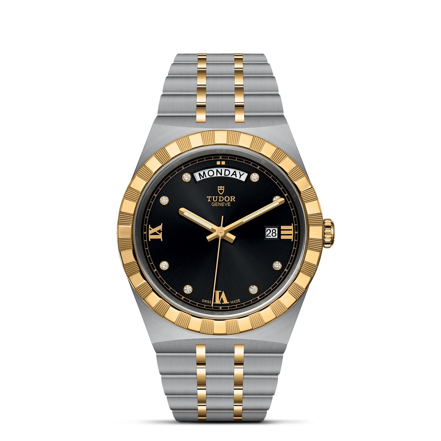 Presenting the TUDOR Royal by TUDOR—a luxurious wristwatch that combines the elegance of stainless steel and gold. This sophisticated timepiece features a black dial with gold Roman numerals, diamond hour markers, and an automatic sport-chic design. Gold accents grace both the bezel and bracelet, set against silver stainless steel.