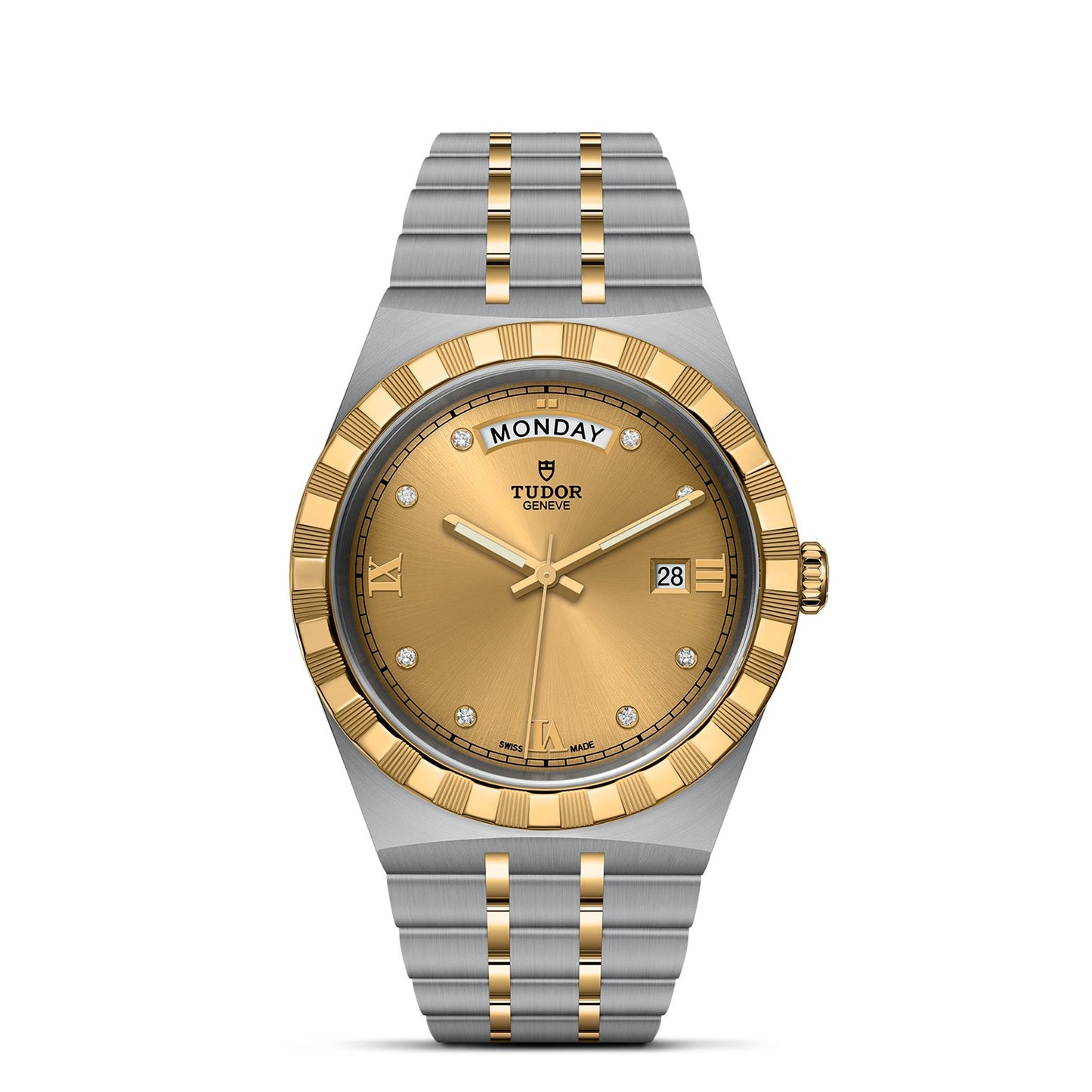 The TUDOR Royal, crafted by the brand TUDOR, showcases a sport-chic design with an automatic movement and integrated bracelets. It features an elegant gold dial with two hands, Roman numerals marking 12 and 6, a day display at the top, and a date window positioned at 3 o'clock. Its gold and silver-tone links further enhance its sophisticated appearance.
