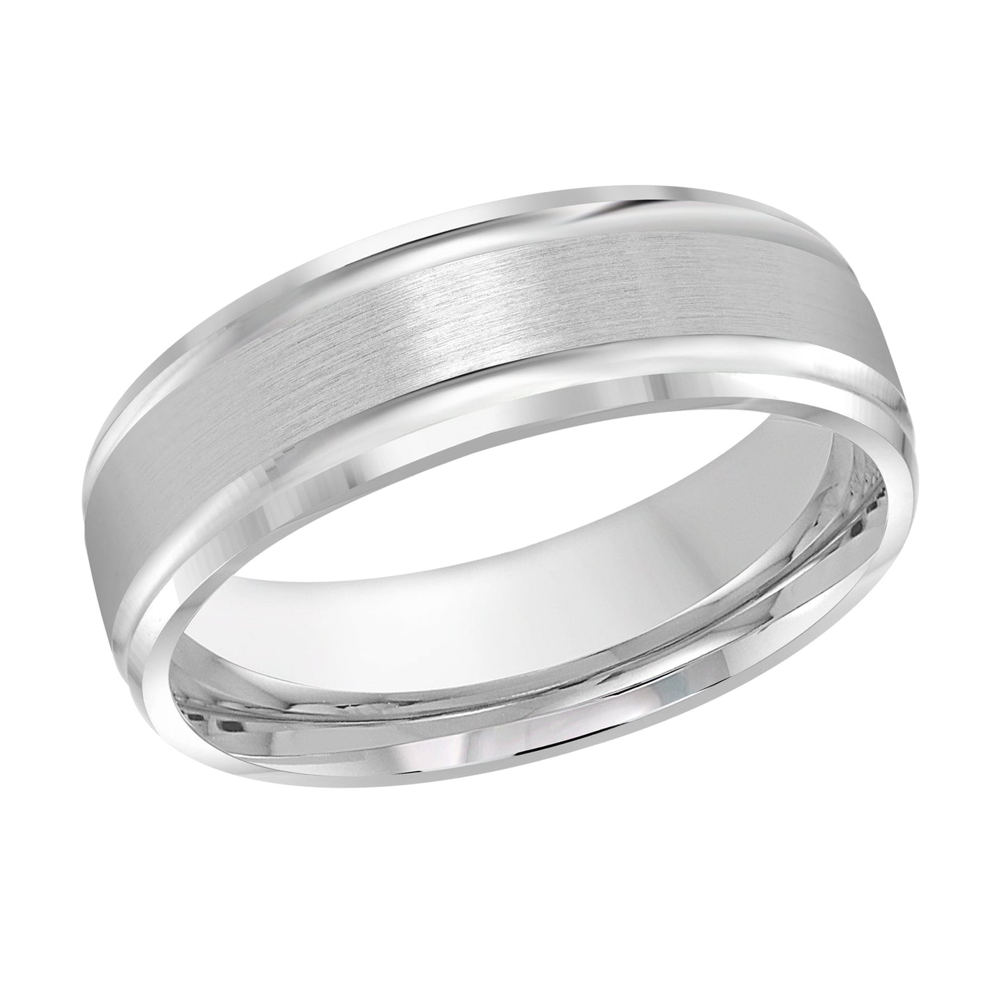 A Malo 10K White Gold Wedding Band featuring a 6mm band with a brushed center finish and polished edges, showcasing a simple and elegant design, positioned at an angle against a white background.