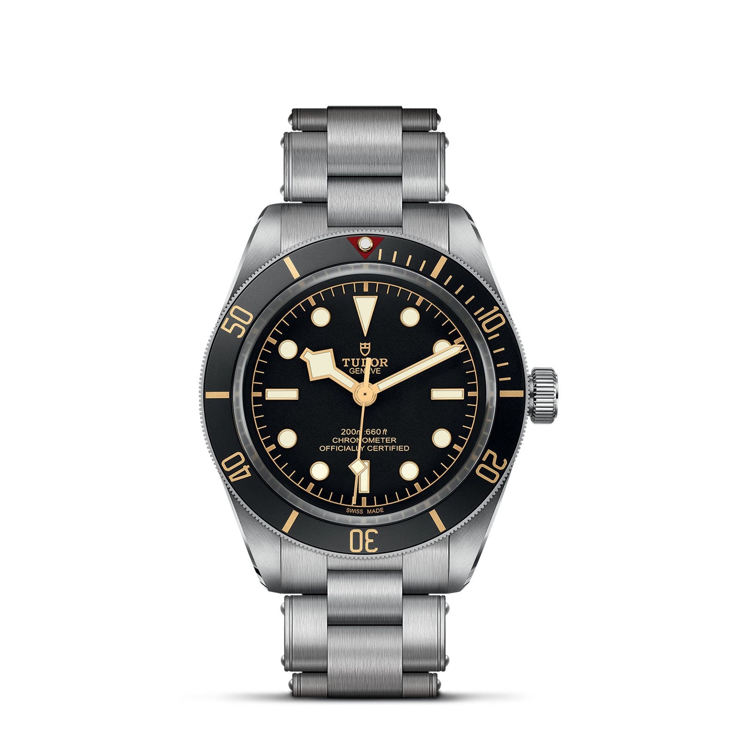 The TUDOR Black Bay 58 dive watch exudes luxury with its sleek stainless steel bracelet and striking black dial. The watch face is adorned with luminescent markers, a distinctive dot at the 12 o'clock position, and a date indicator. Its bezel is elegantly marked with numerals at intervals and complemented by pointed hands.