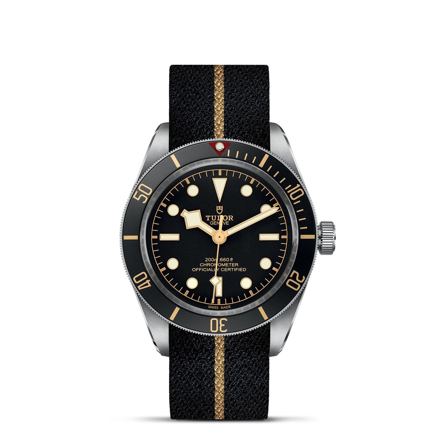 The TUDOR Black Bay 58 is a high-end timepiece showcasing a striking black dial adorned with luminescent hour markers. It features an elegant black and gold fabric strap that adds to its sophisticated look. The watch boasts a black bezel complete with a minute scale, harmonizing perfectly with the silver watch hands, which are accentuated by luminescent tips. The esteemed brand logo is prominently displayed at the top of the dial.