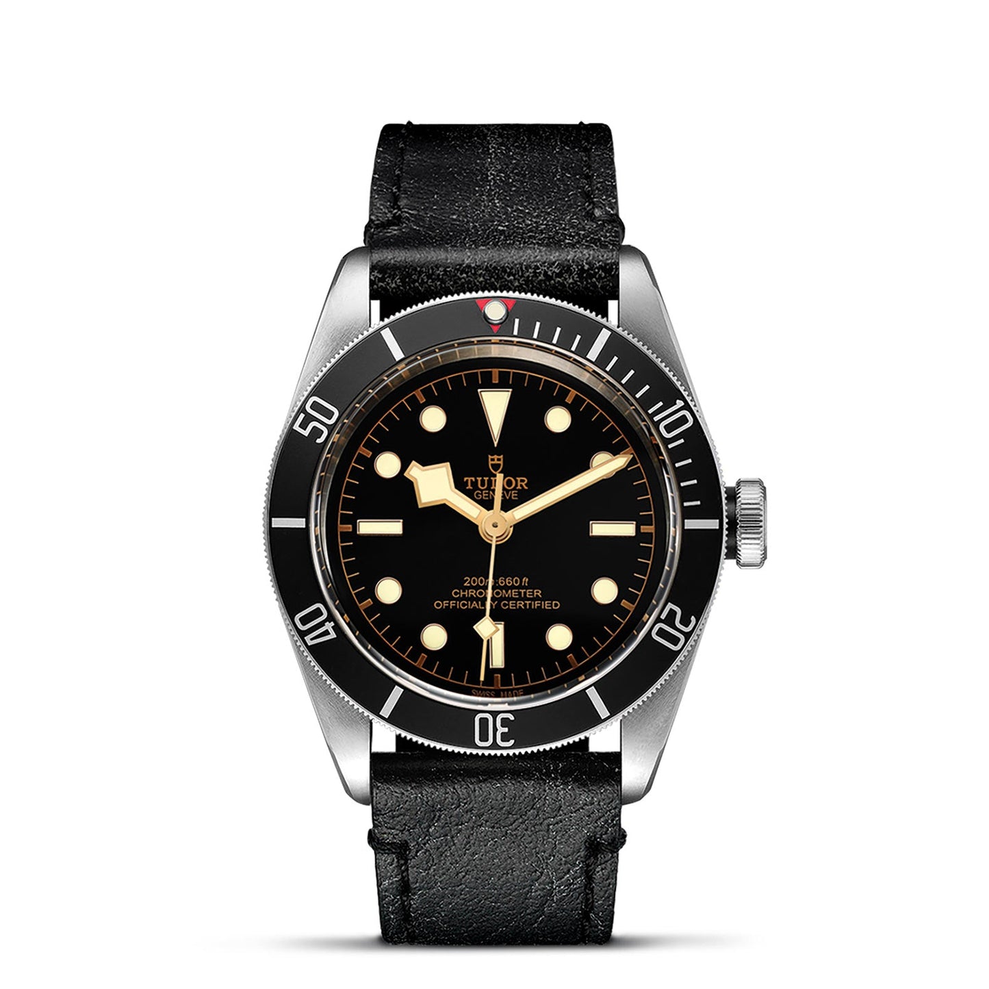 The New Old Stock TUDOR Black Bay wristwatch boasts a black dial, white hour markers, luminous hands, a rotating bezel with white numerals, and a black leather strap. The esteemed TUDOR brand name is prominently displayed on the dial.