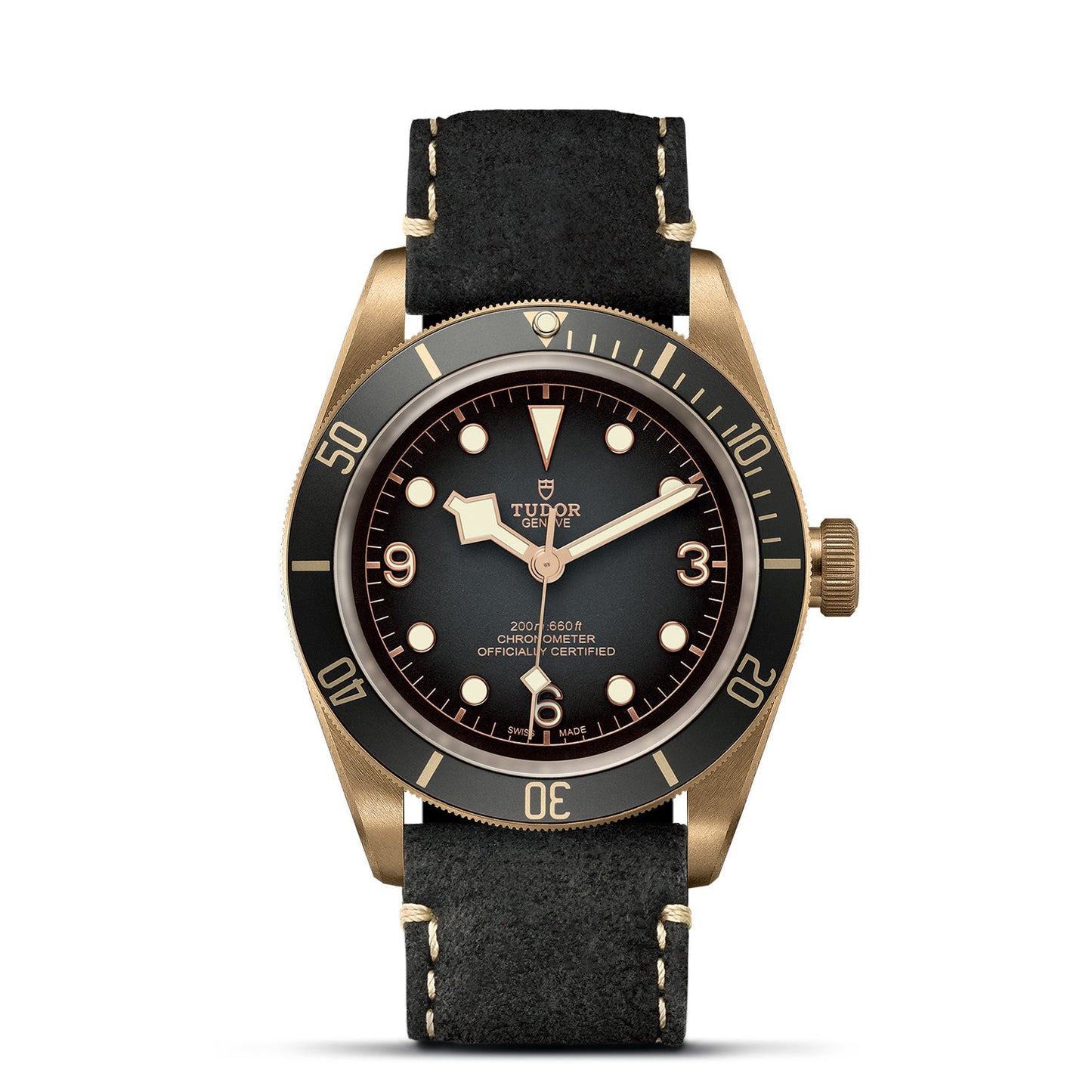 The TUDOR Black Bay Bronze luxury timepiece features the brand's iconic design with a bronze bezel and case, complemented by a black dial. It has prominent white numerals and comes with a black fabric strap accented by beige stitching. This watch is certified as 200m/660ft chronometer diving equipment.