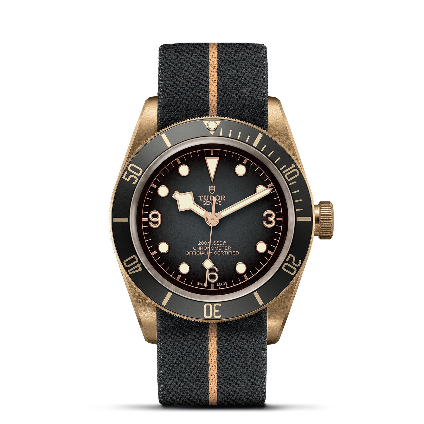 Introducing the TUDOR Black Bay Bronze, a luxury wristwatch featuring a captivating bronze case and a textured black-and-bronze fabric strap. This exquisite timepiece showcases a black dial with luminous markers, bronze hands, and a date display. Crafted for adventure, its unidirectional bezel mirrors the precision of top diving equipment.