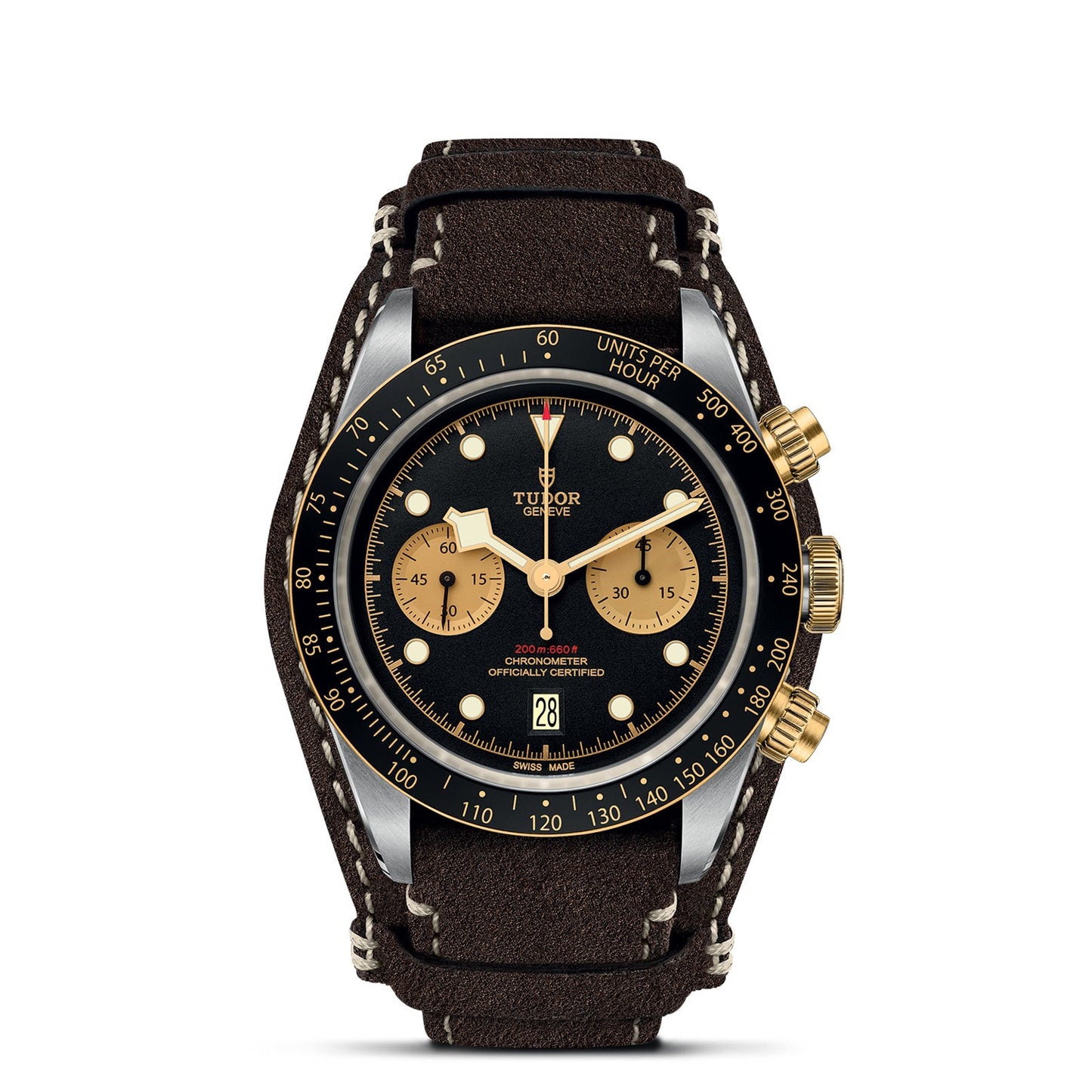 Introducing the TUDOR Black Bay Chrono S&G: a luxurious wristwatch featuring a striking black dial complemented by gold-tone chronograph subdials and a date window. This elegant timepiece is accented with a brown leather strap adorned with cream stitching, gold-tone pushers, and a rotating bezel that echoes the timeless design of the Black Bay Chrono series, complete with precise minute markings.