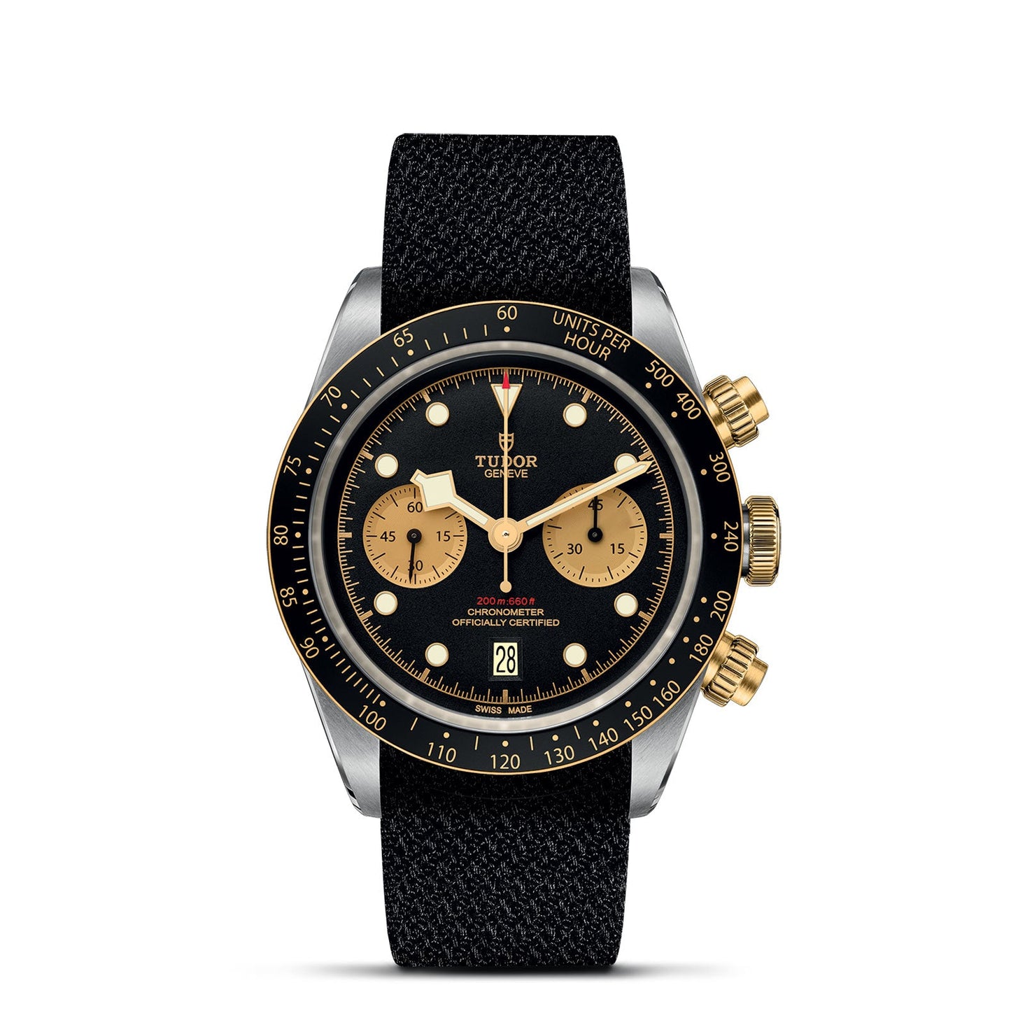 Introducing the TUDOR Black Bay Chrono S&G, a luxury wristwatch inspired by TUDOR chronographs. It showcases a black fabric strap, a striking black dial accented with gold-tone subdials, and a tachymetric scale on the bezel. The design is completed with gold pushers and crown, while the iconic TUDOR logo is prominently displayed on the face.