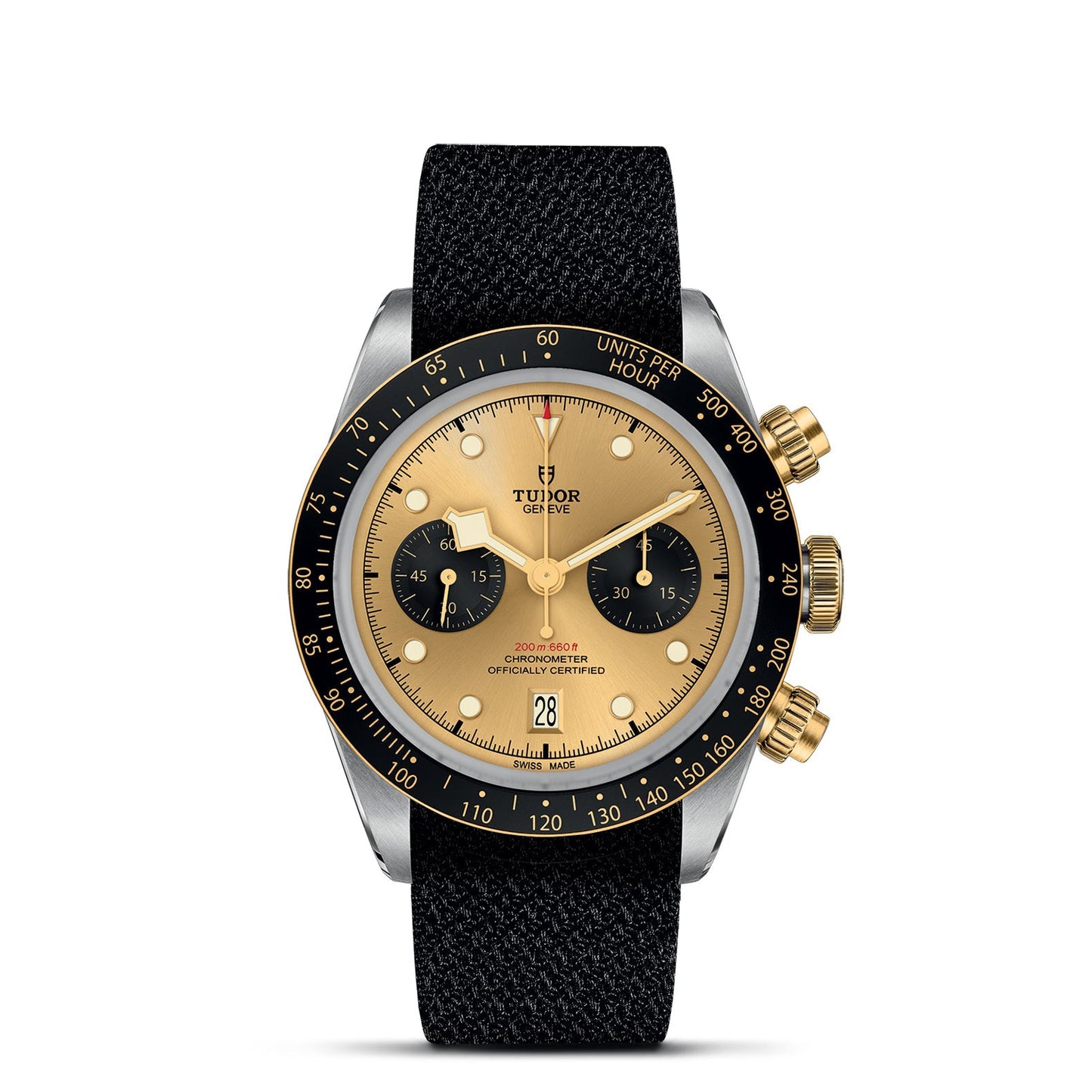 Discover the elegance of the TUDOR Black Bay Chrono S&G, a luxury wristwatch from TUDOR. It features a gold dial with two black subdials and gold-tone hands. The sophisticated design is enhanced by its black bezel adorned with gold markings. Equipped with TUDOR chronographs, this exquisite timepiece includes a tachymetric scale for precise timekeeping.