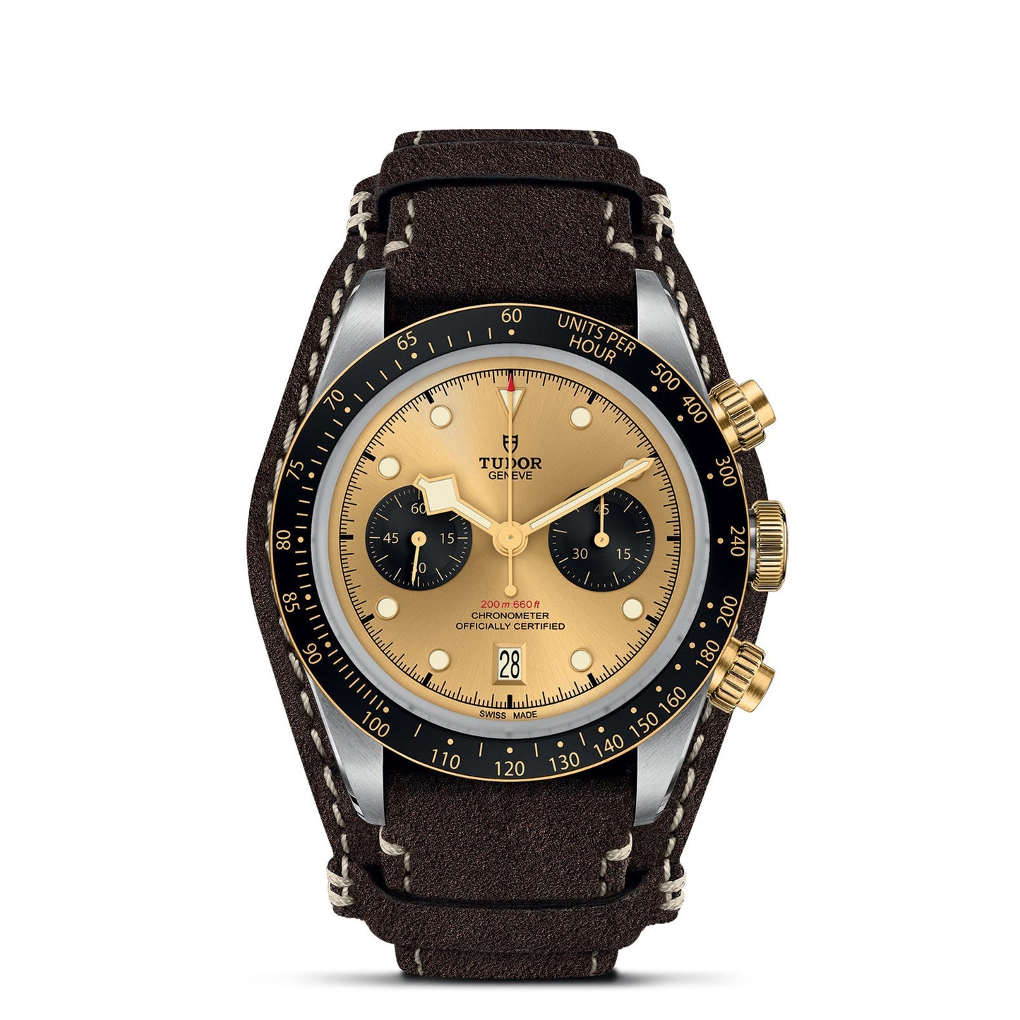 The TUDOR Black Bay Chrono S&G luxury wristwatch features a brown leather strap and a striking gold and black bezel, capturing the essence of the Black Bay Chrono collection. It showcases a gold dial complemented by black sub-dials, along with gold-tone hands and markers, highlighting the distinct TUDOR branding on this exceptional chronograph.