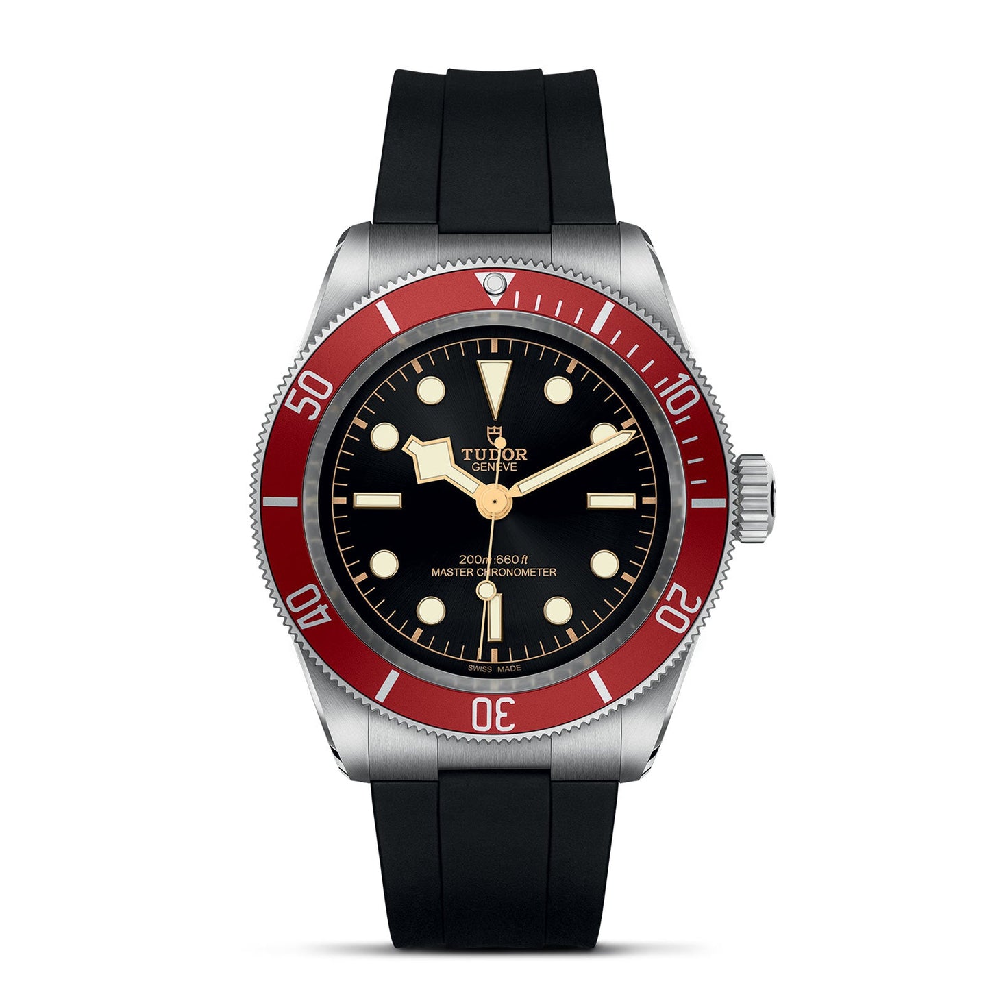 Explore the captivating elegance of the TUDOR Black Bay, a luxury wristwatch influenced by TUDOR divers' watches. Featuring a black face with bold white hour markers and a striking red bezel, this watch radiates timeless sophistication. Its neo-vintage design is beautifully complemented by a black rubber strap and silver casing for an unmistakable sense of style.