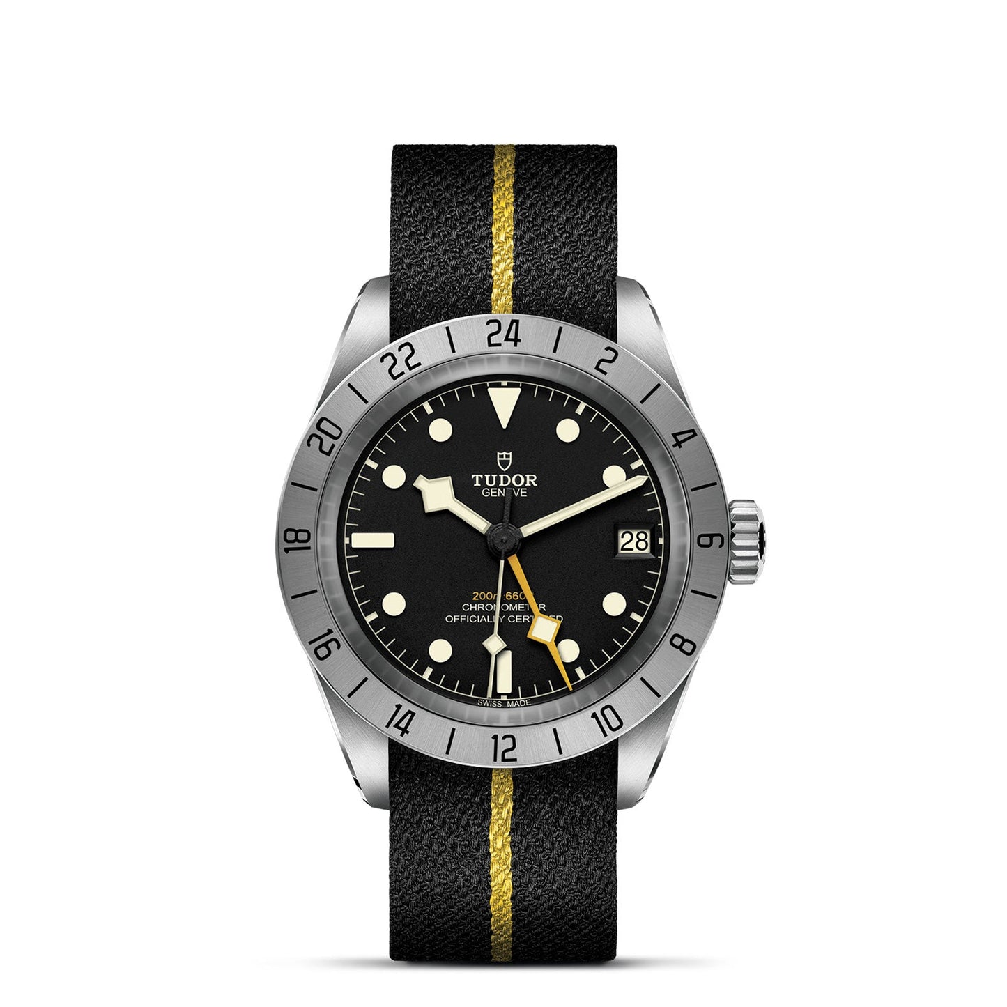 The TUDOR Black Bay Pro wristwatch features a stylish black design with a silver bezel and a strap accented by yellow stripes. Powered by the TUDOR Manufacture Calibre MT5652, it offers dual time zone functionality, prominent luminous markers, and a date display at 3 o'clock. The bezel includes a 24-hour scale.