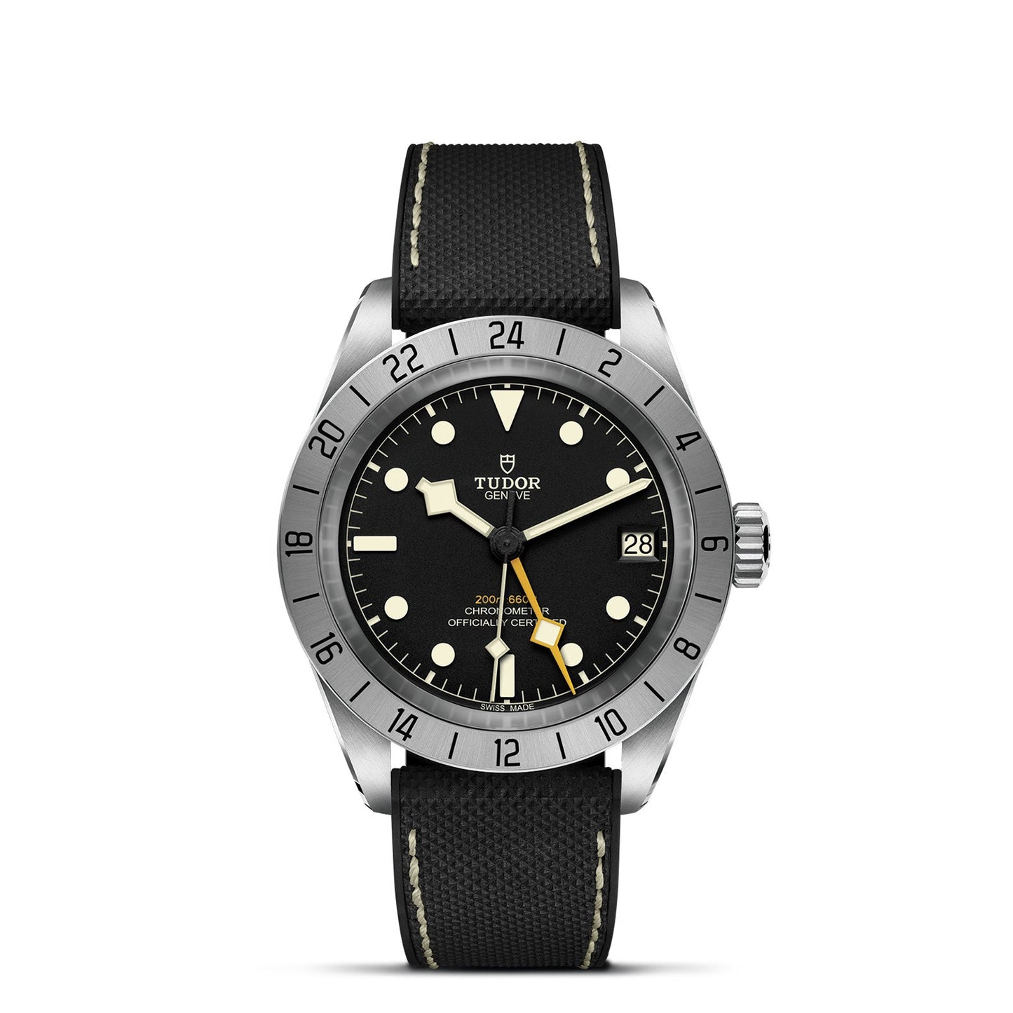 The TUDOR Black Bay Pro watch features a stainless steel build with an elegant black dial adorned with luminescent hands and markers. It comes with a complementary black fabric strap and is powered by the TUDOR Manufacture Calibre MT5652. This watch offers dual time zone functionality, a date display at 3 o'clock, and water resistance up to 200m:660ft.