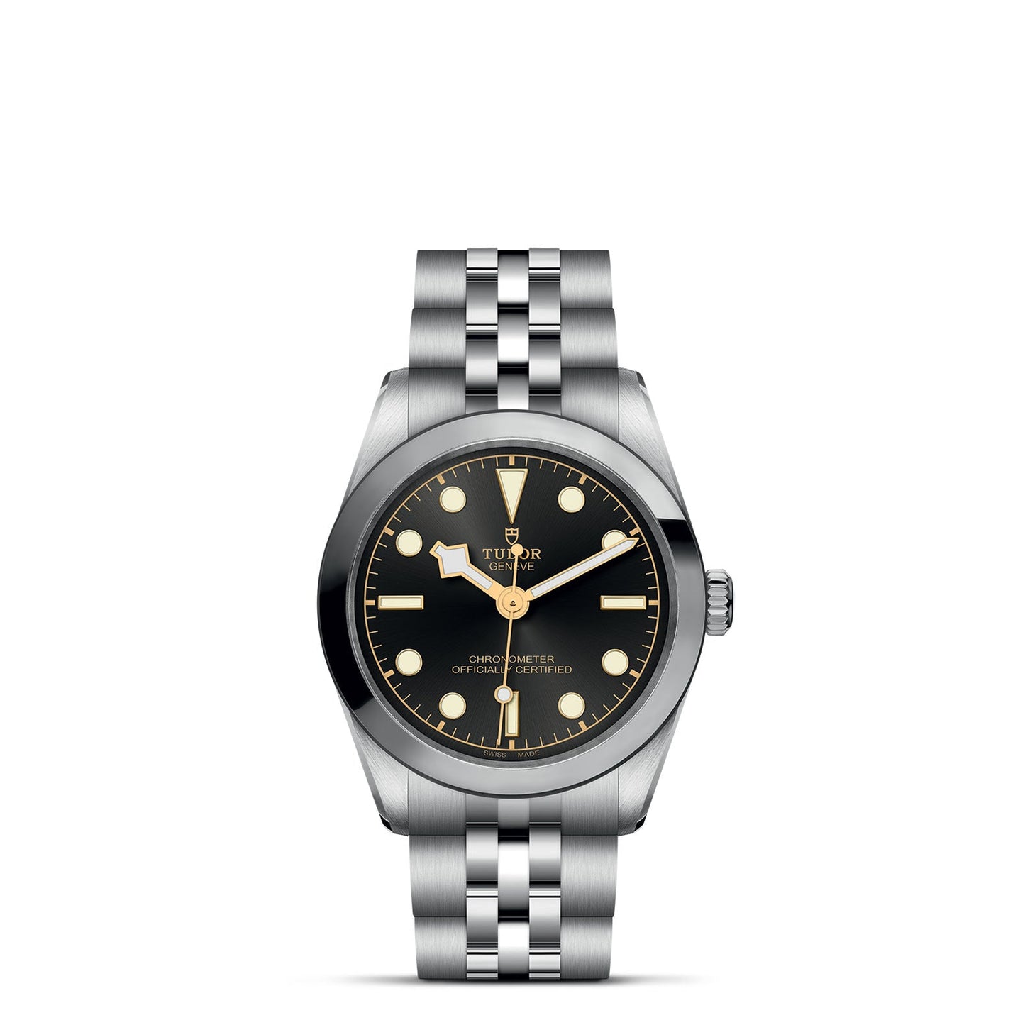 The TUDOR Black Bay One 31 features a silver case, black dial with luminous markers and hands, and a steel bracelet with polished and brushed finish. The brand logo sits elegantly at the top center of the dial, reflecting classic divers' watch design.