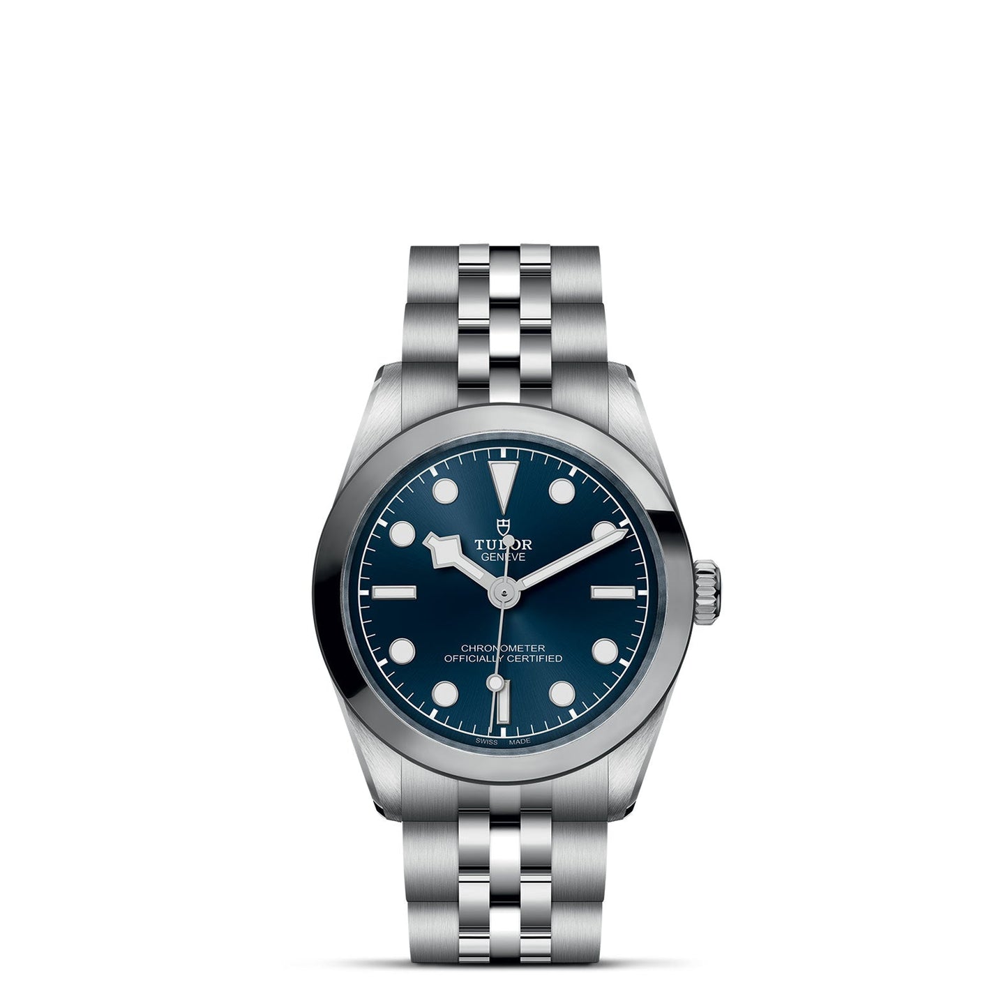 The TUDOR Black Bay One 31 features a silver metal wristwatch with a deep blue dial, white hour markers, three hands, and a date window. It has a five-link bracelet and sleek steel case inspired by TUDOR divers' watches, proudly displaying the TUDOR brand name.