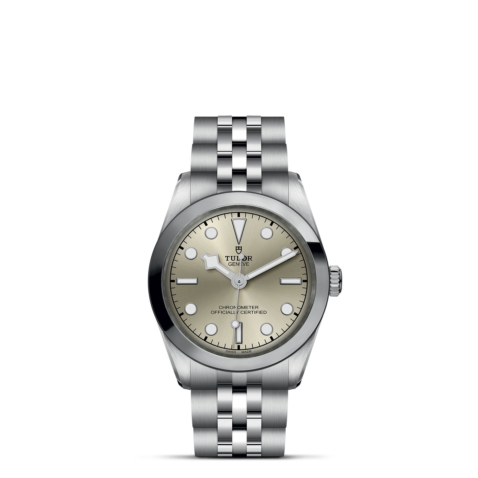 The TUDOR Black Bay One 31 wristwatch features a stainless steel bracelet, silver dial with date window and luminous markers, highlighted by a smooth bezel and sleek silver hands, along with the iconic crown logo, reflecting its minimalist elegance.