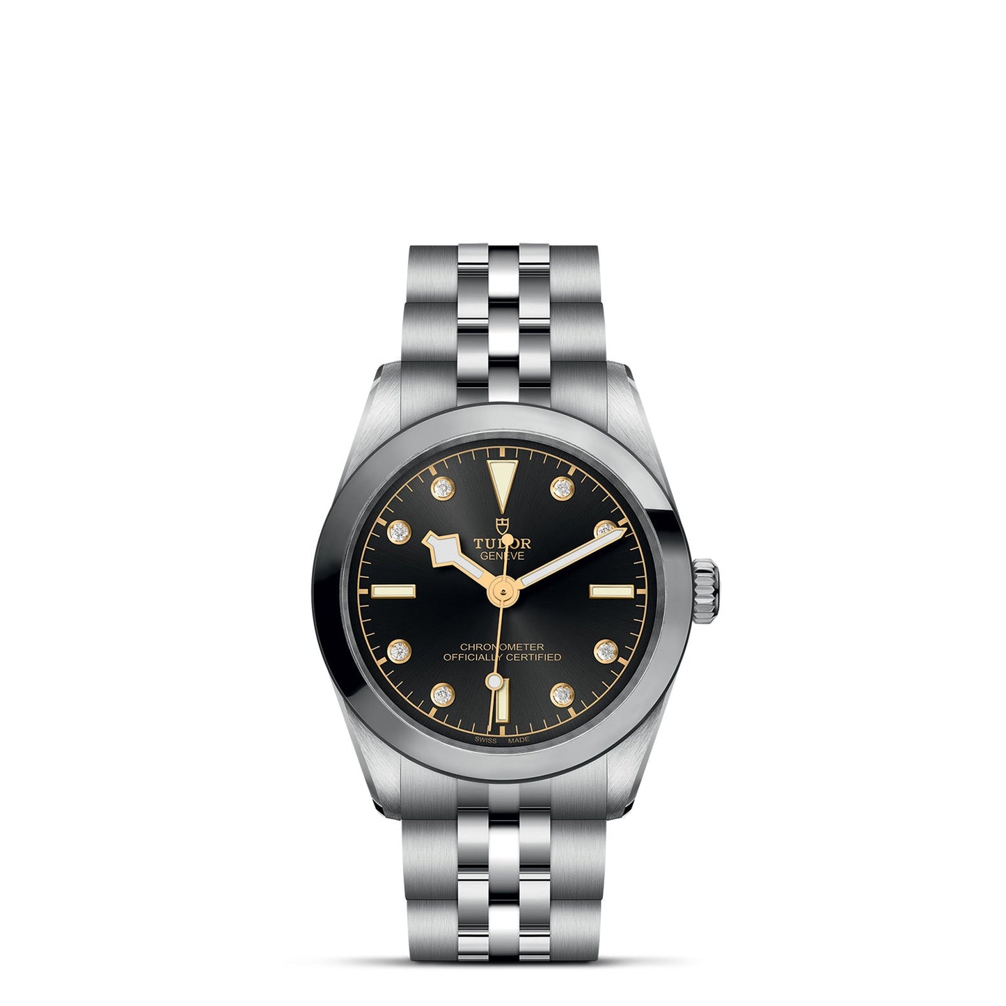 The TUDOR Black Bay One 31 wristwatch showcases a sleek steel case, black dial, and silver-toned hour markers. With a round face and matching metal bracelet, it embodies the classic allure of TUDOR divers' watches from the iconic Black Bay collection.
