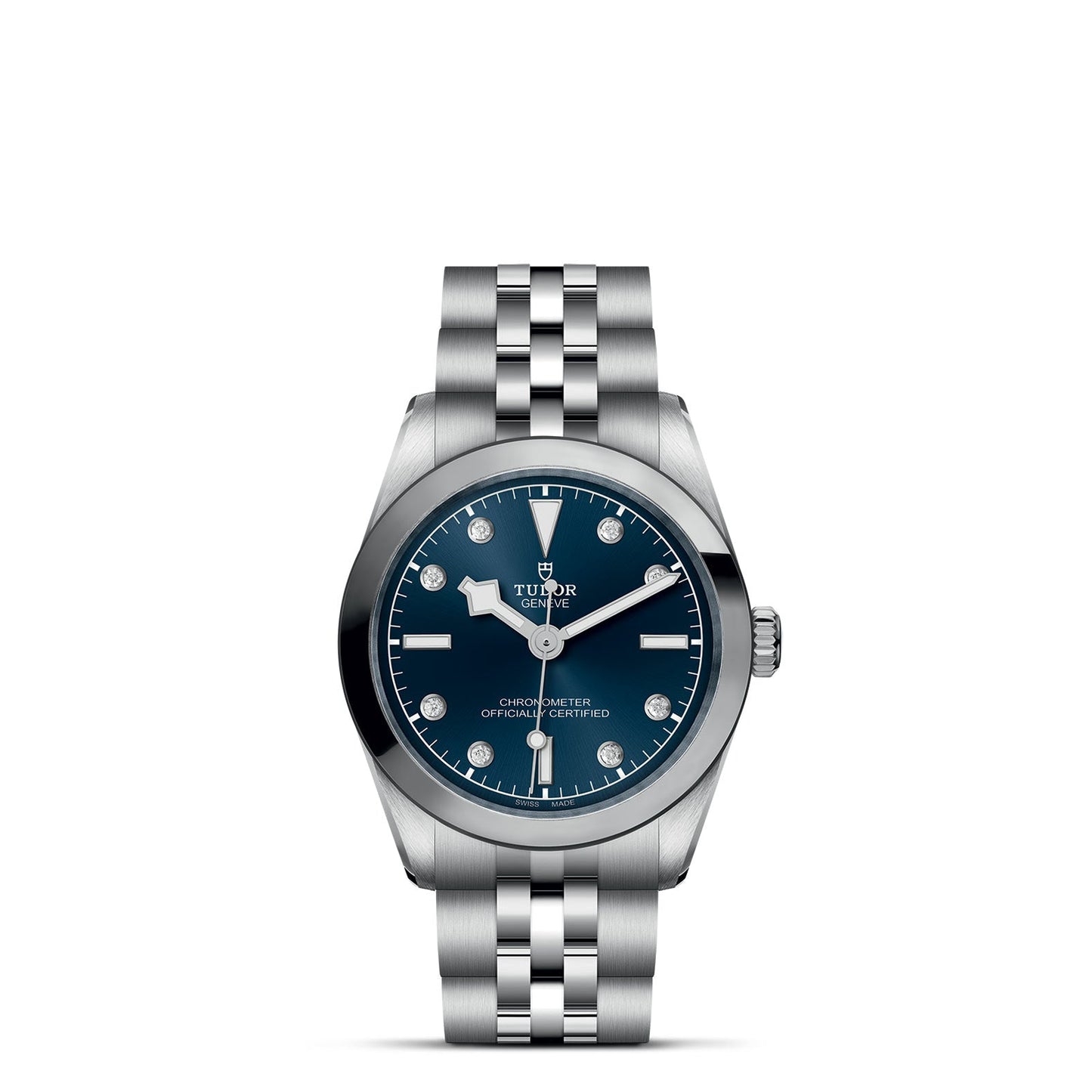 The TUDOR Black Bay One 31 divers’ watch showcases a round blue dial with silver hour markers and text, a date feature, and a robust steel bracelet inspired by the Black Bay collection.