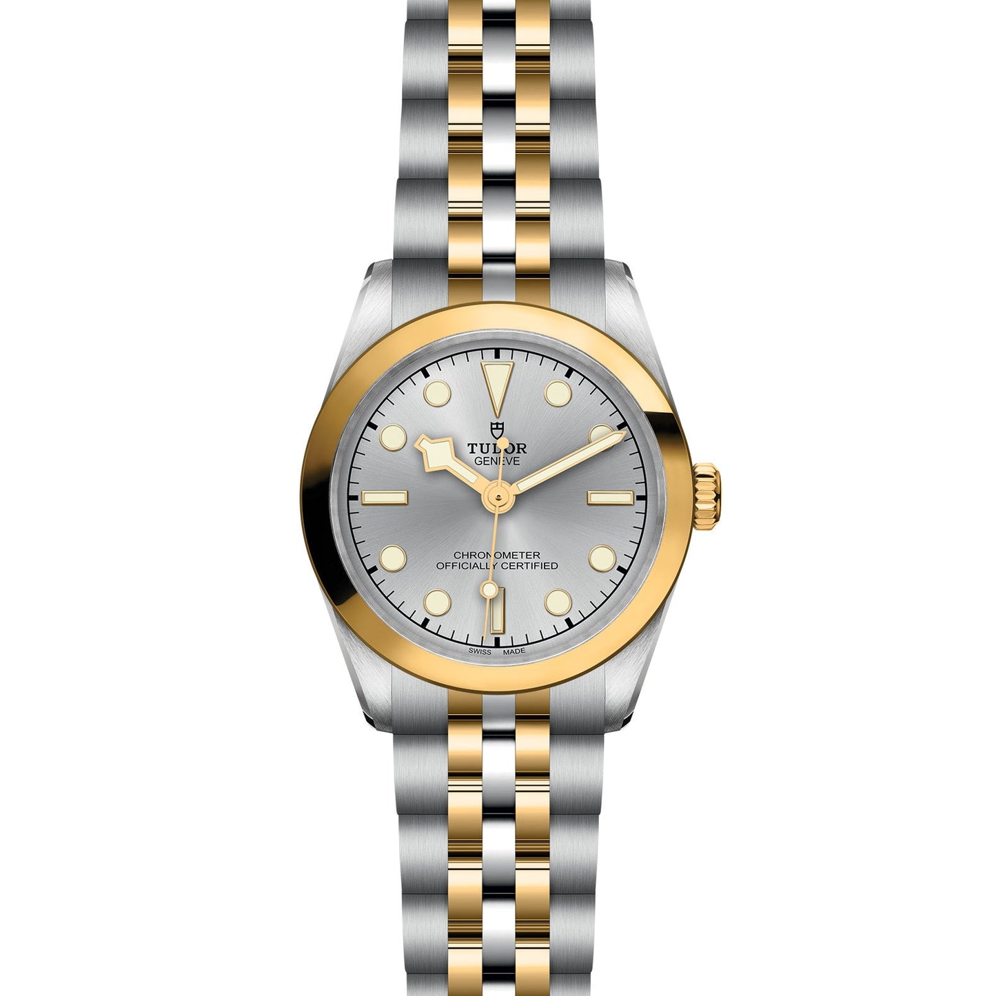 The luxurious TUDOR Black Bay One 31 S&G wristwatch features a steel and yellow gold bracelet and a gray face with gold hour markers, hands, and brand logo. A gold bezel completes the timeless, elegant design reminiscent of classic divers' watches.