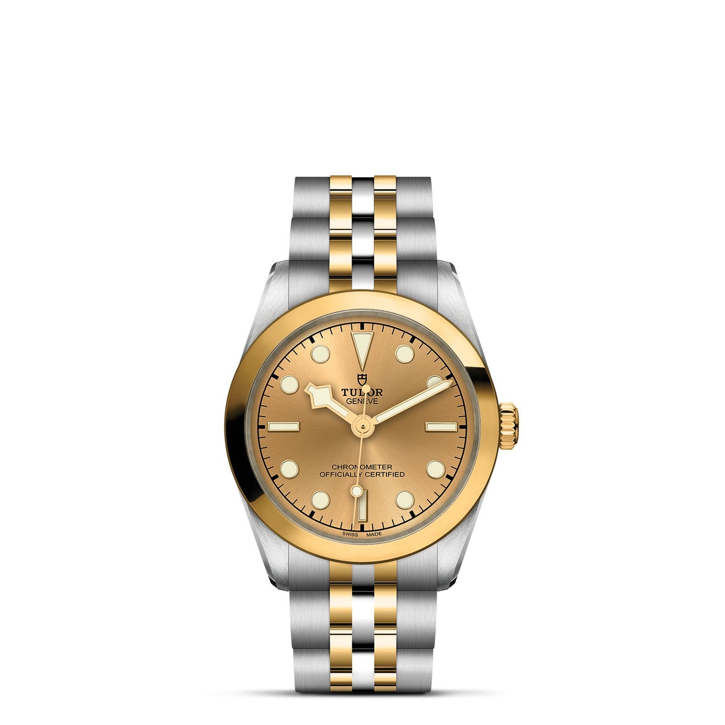 The TUDOR Black Bay One 31 S&G luxury wristwatch features a steel and yellow gold bracelet with a gold bezel framing a champagne dial and gold hour markers, echoing the elegance of TUDOR's divers’ watches, officially branded as a chronometer certified timepiece.