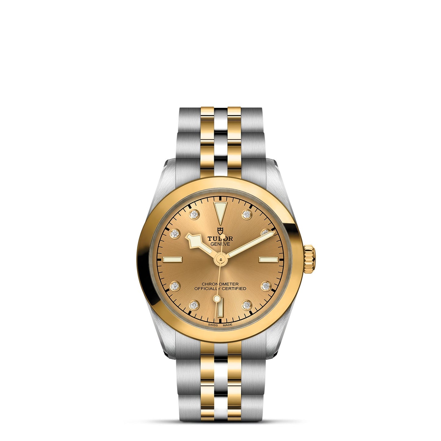 Experience the elegance of the TUDOR Black Bay One 31 S&G, featuring a 31mm steel case, gold and silver bracelet, round golden face with diamond markers, a gold bezel, and "Chronometer" text—all embodying TUDOR's luxury.