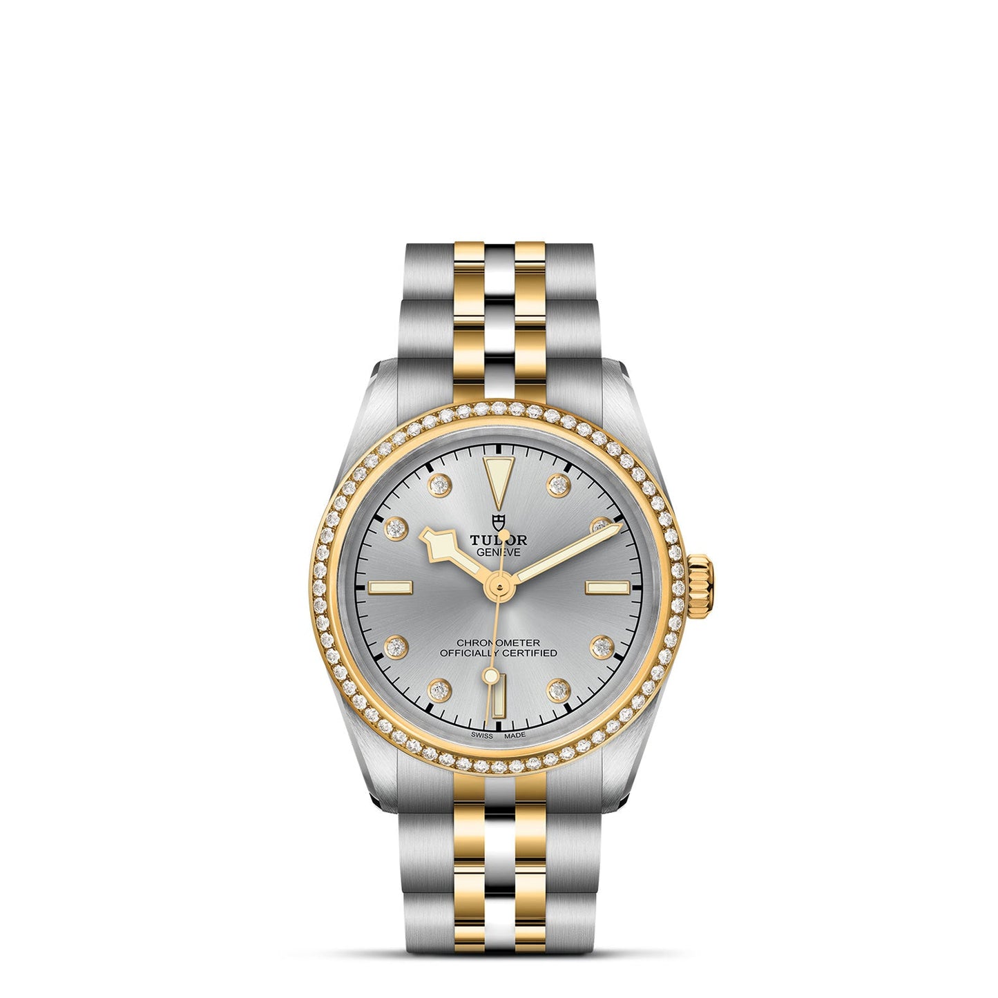 The TUDOR Black Bay One 31 S&G is a luxury wristwatch with a steel and yellow gold bracelet, featuring a light blue face, gold hour markers, hands, and a diamond-adorned bezel. The iconic TUDOR logo at the 12 o'clock position enhances its elegance.