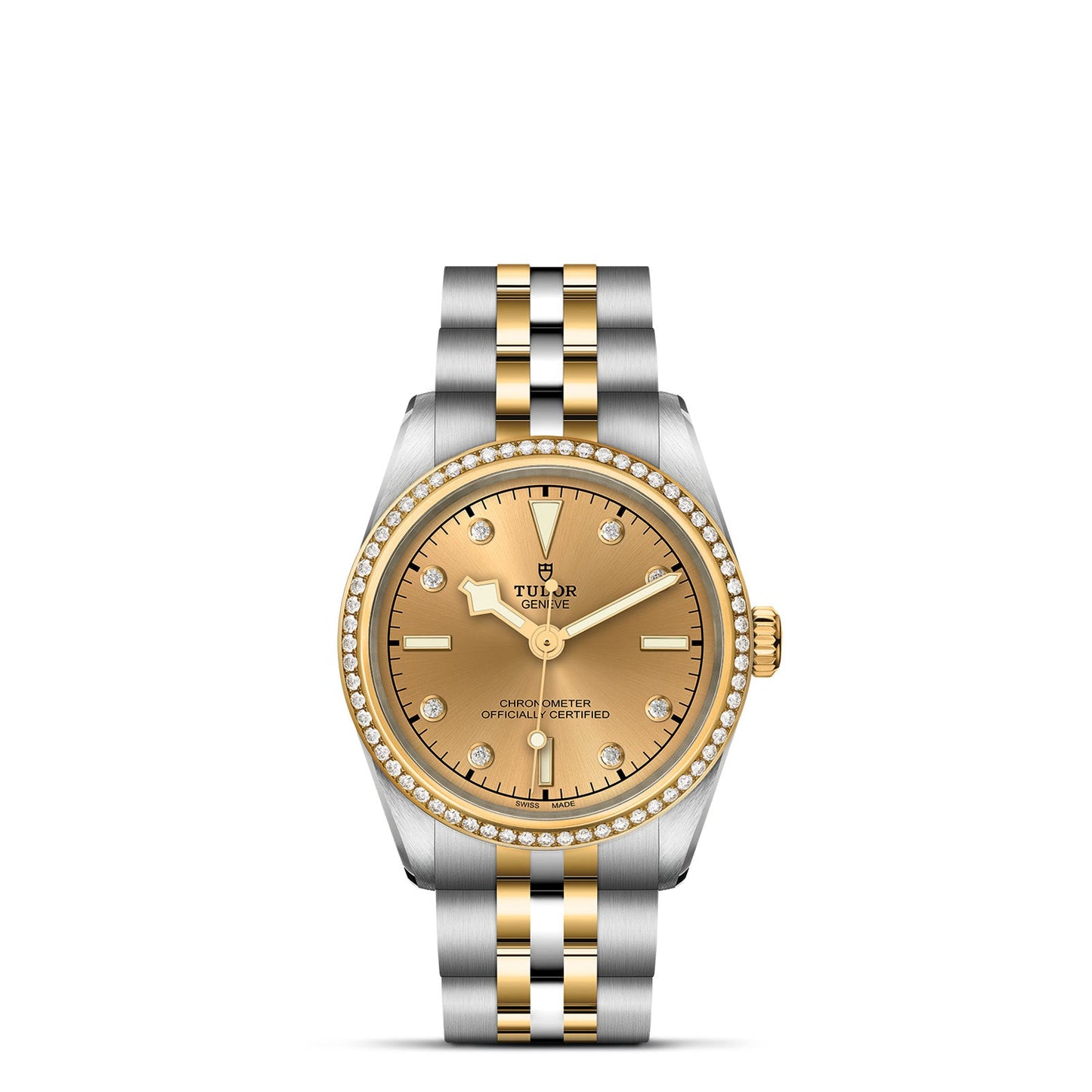 The TUDOR Black Bay One 31 S&G wristwatch features a steel and yellow gold link bracelet, a gold dial with diamond hour markers, and a diamond-studded bezel. It prominently displays the TUDOR brand name and reflects the timeless elegance of TUDOR divers' watches.