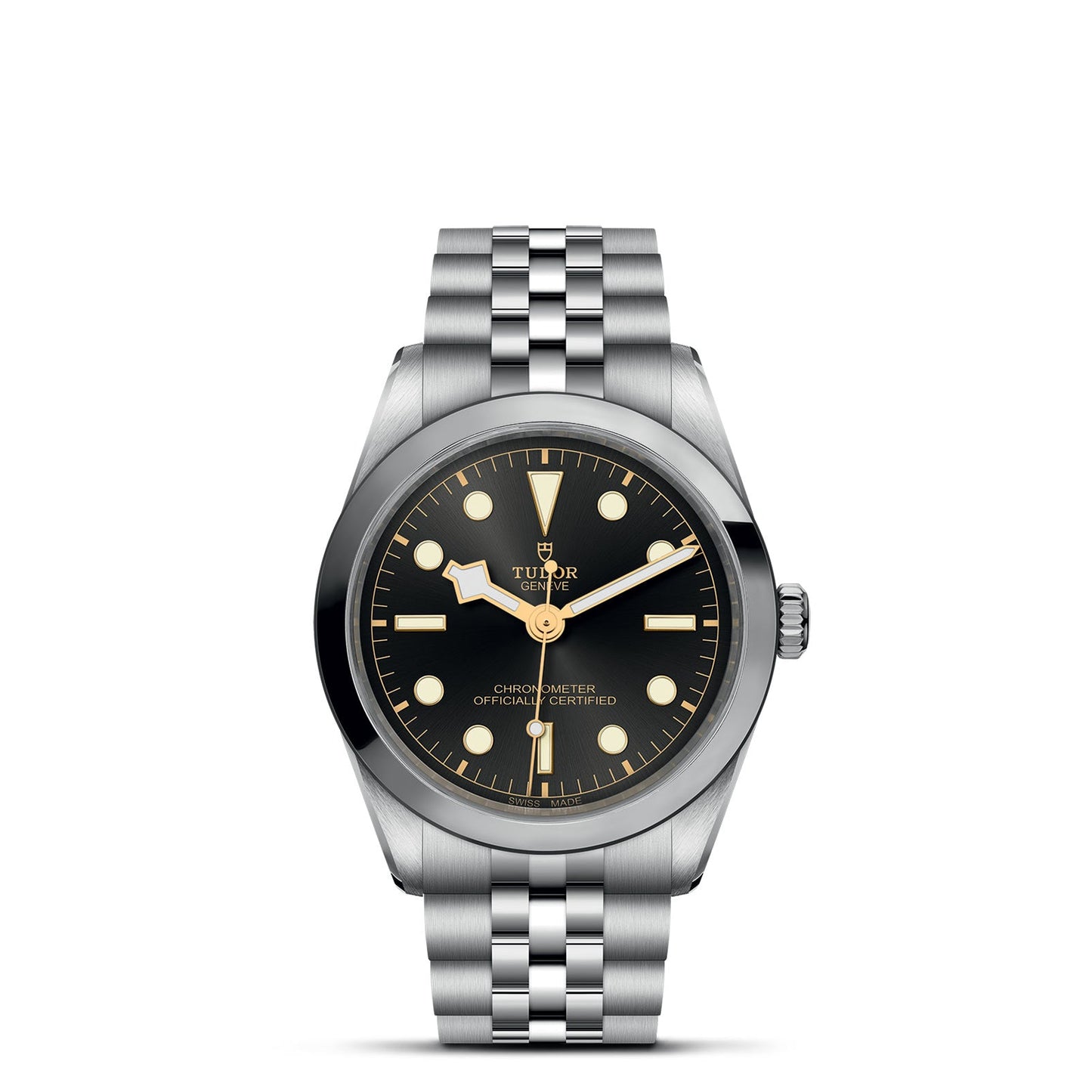 The TUDOR Black Bay One 36 is a sleek wristwatch with a 36mm steel case, black dial, luminous dot markers, and polished metal bracelet. Inspired by TUDOR divers' watches, it features a prominent crown and the brand logo on its dial.