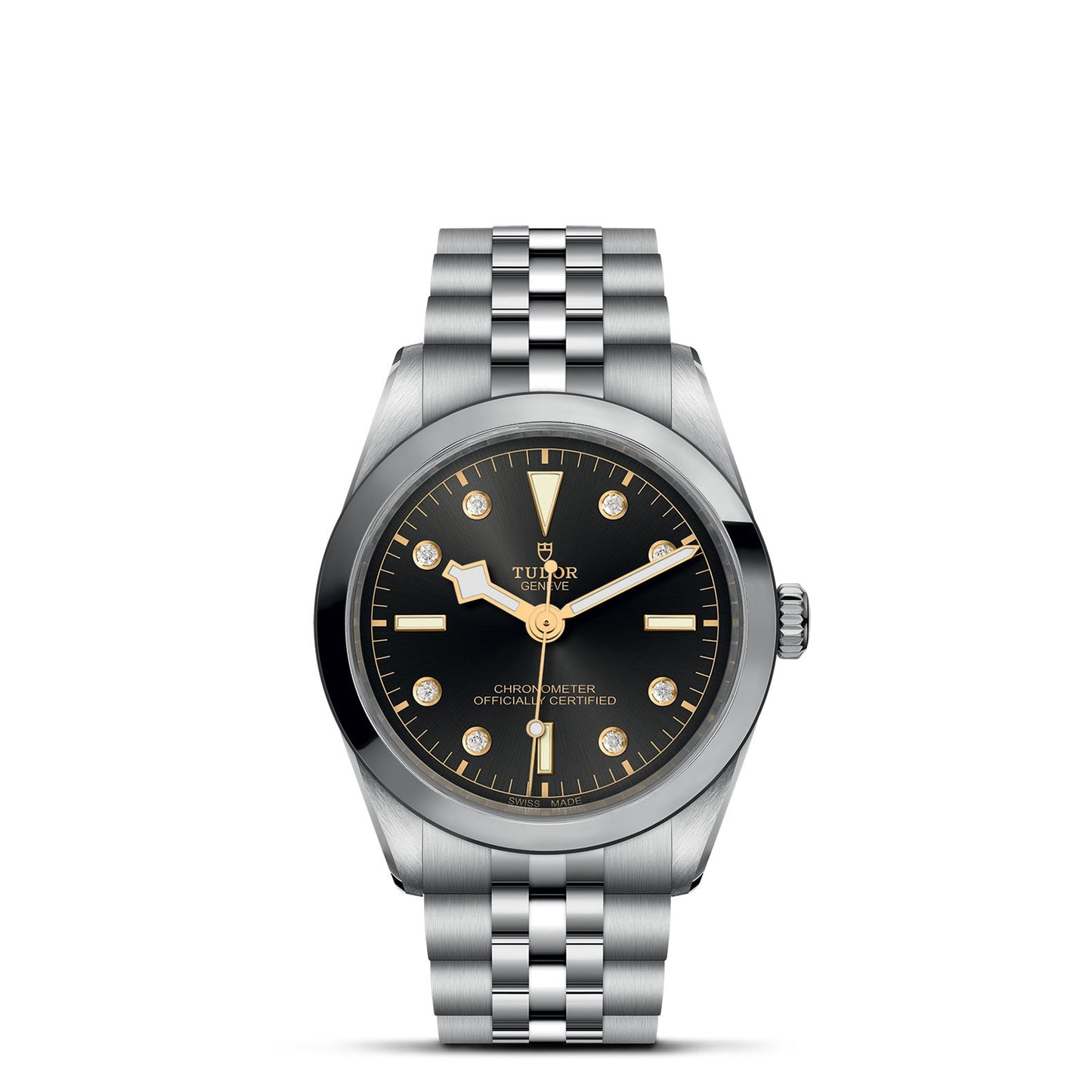 The TUDOR Black Bay One 36 features a luxurious design, with a silver metal band and black dial accented by gold hour markers and hands. Its 36mm stainless steel case and bezel reflect elegance. The watch face reads "Chronometer Officially Certified," inspired by TUDOR divers' watches.