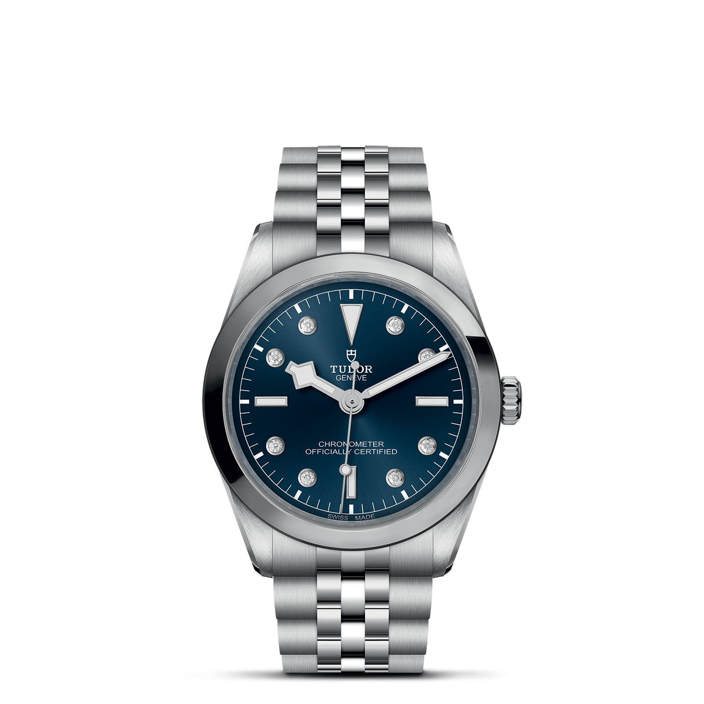 The TUDOR Black Bay One 36 silver wristwatch has a blue dial with silver hour markers, a date display, and features a 36mm steel case. Styled like TUDOR divers' watches, it includes a stainless steel bracelet and round bezel showcasing the brand name.