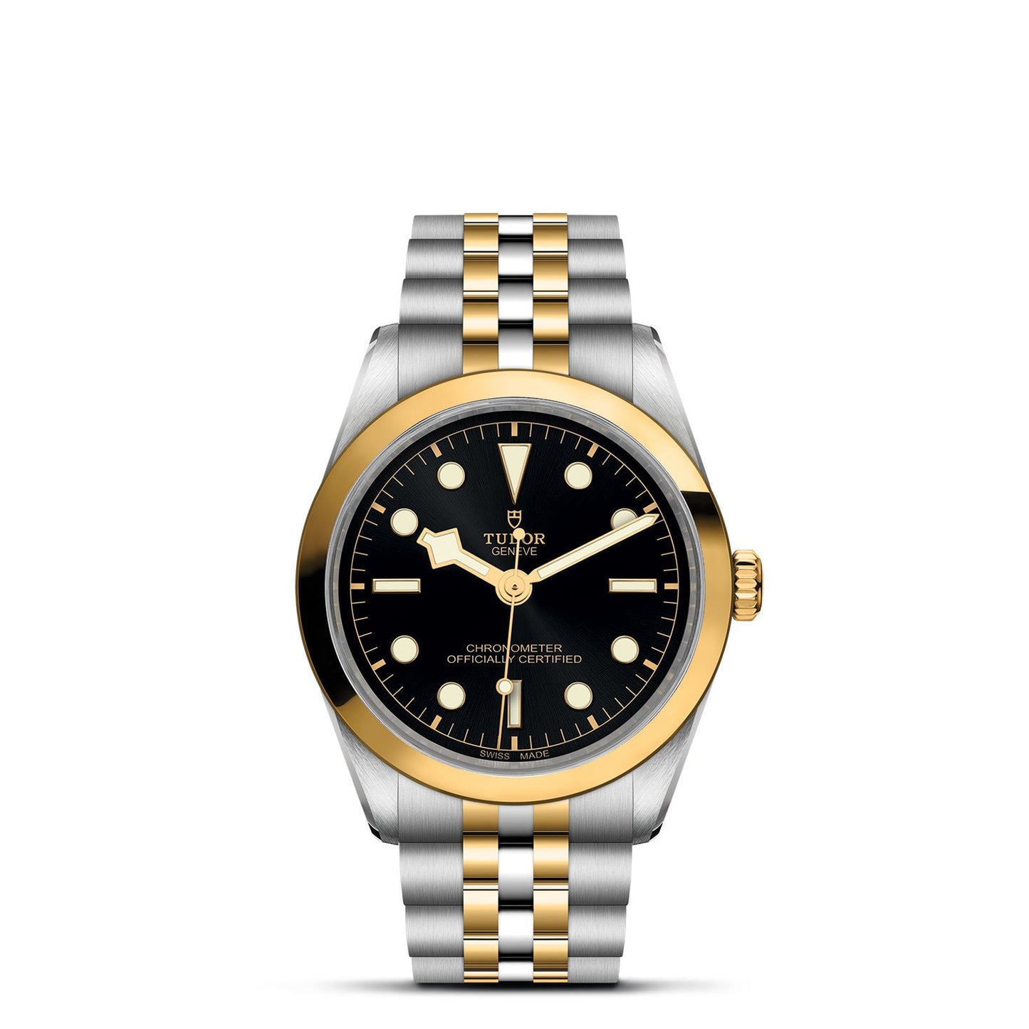 The TUDOR Black Bay One 36 S&G wristwatch features a black dial with white markers, a golden bezel, and a two-tone silver and gold metal bracelet within its 36mm steel case. The TUDOR logo and certification are elegantly displayed on the dial.
