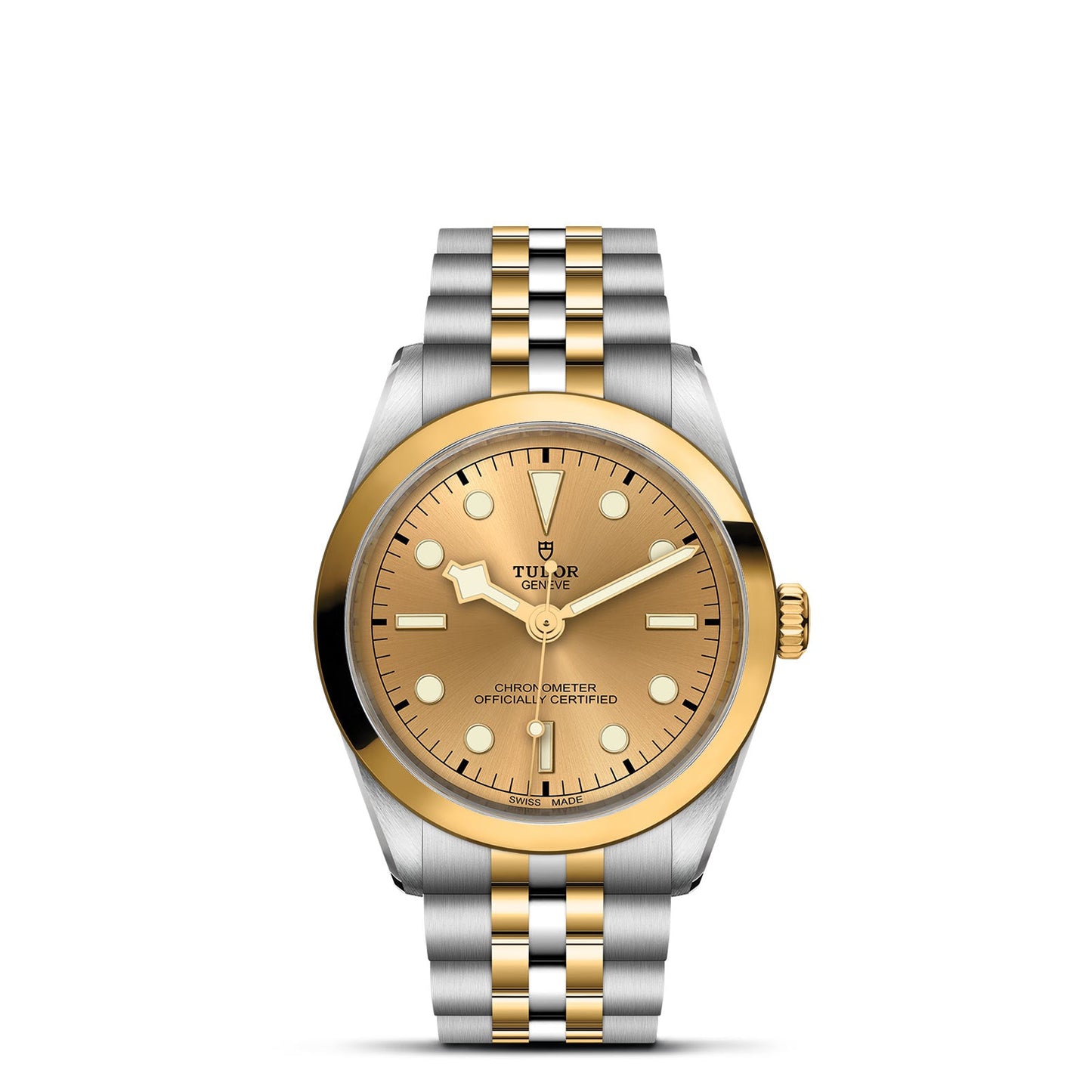 The TUDOR Black Bay One 36 S&G is a gold and silver wristwatch featuring a 36mm steel case, champagne dial, two-tone band, luminous markers, three-hand mechanism, and the "Chronometer Officially Certified" label alongside the iconic TUDOR logo.