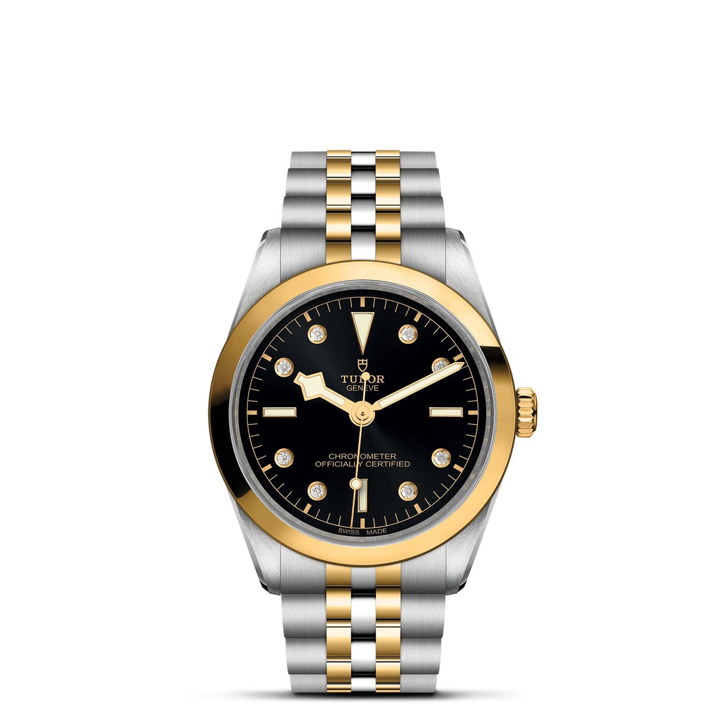 The TUDOR Black Bay One 36 S&G is a luxury wristwatch featuring a black dial with gold markers, a steel and yellow gold bracelet, and a gold bezel. Its classic design pays homage to iconic TUDOR divers’ watches.