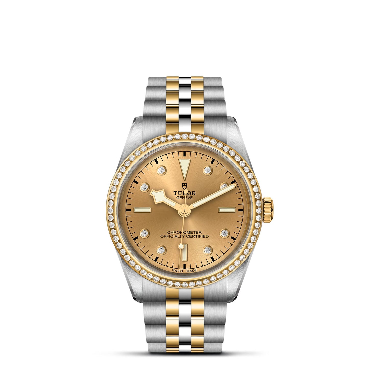 The TUDOR Black Bay One 36 S&G wristwatch features a gold dial with diamond hour markers and a two-tone gold and silver bracelet. Its diamond-adorned bezel captures the elegance of TUDOR divers' watches.