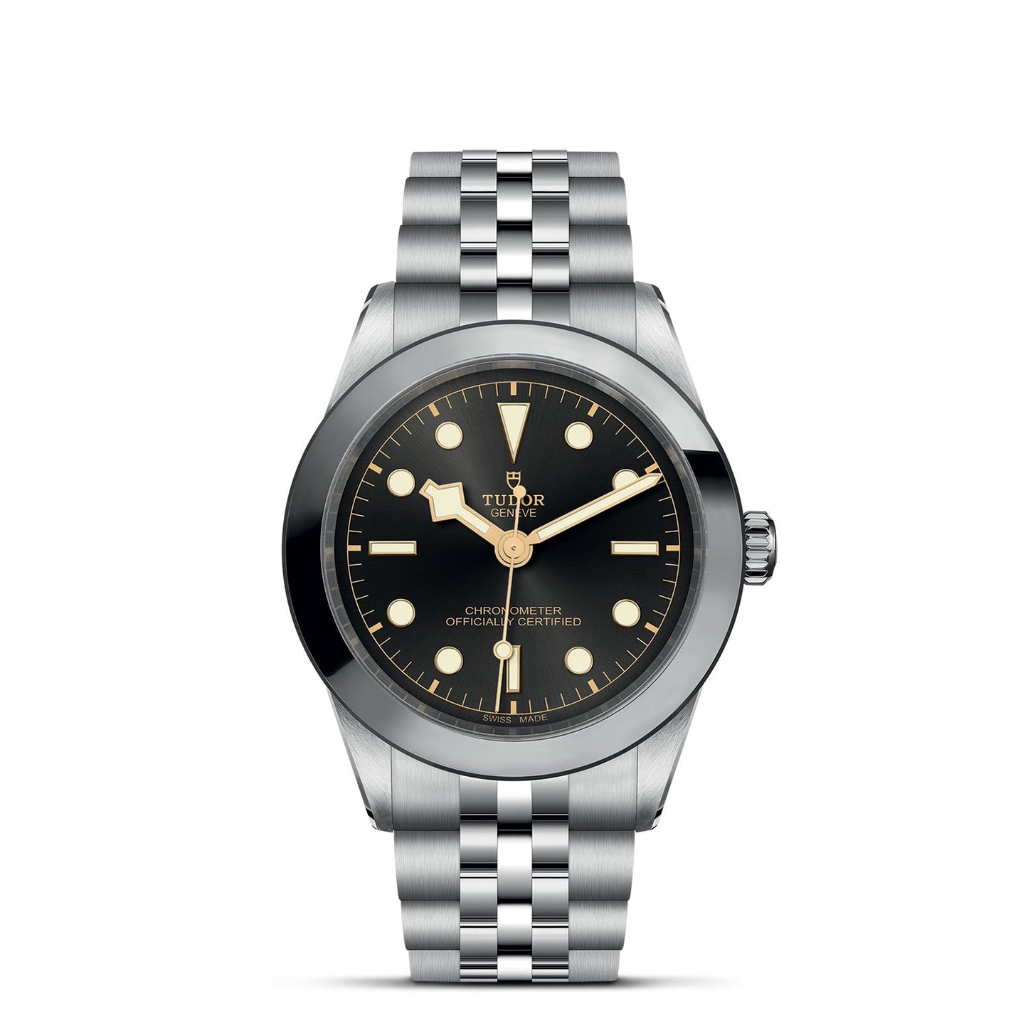 The TUDOR Black Bay One 39 wristwatch sports a stainless steel bracelet and case, a black dial with luminous hands, round hour markers, and is labeled "CHRONOMETER OFFICIALLY CERTIFIED," reflecting the precision of TUDOR divers’ watches.