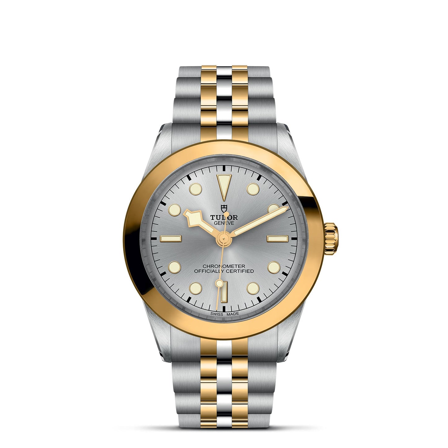 The TUDOR Black Bay One 39 S&G features a 39mm steel case, two-tone stainless steel and gold band, and a silver dial with gold bezel and markers. It's marked "Tudor" and "Chronometer Officially Certified," embodying the classic allure of TUDOR divers' watches.