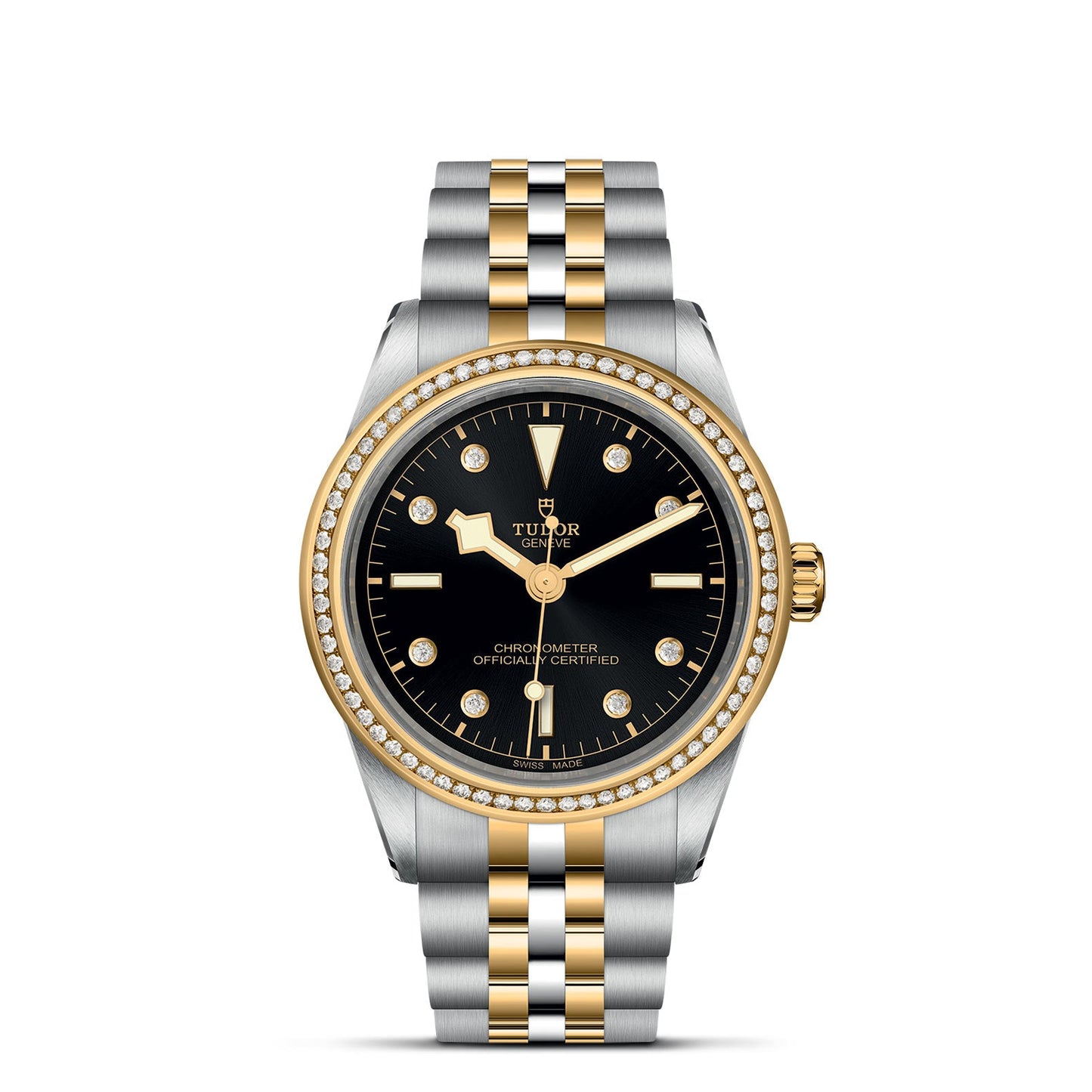 The TUDOR Black Bay One 39 S&G luxury watch features a silver and gold band, black dial with gold hour markers, 39mm steel case with diamond-lined bezel, and bears the "Tudor" insignia. Drawing from the TUDOR divers’ watches lineage, it's marked as "Chronometer Officially Certified.