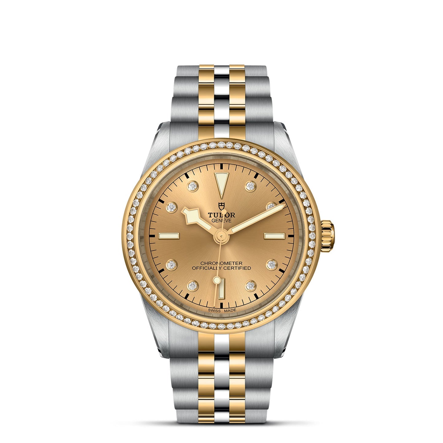 The TUDOR Black Bay One 39 S&G is a luxury watch with a 39mm steel case and silver-gold bracelet. It has a diamond-studded bezel, gold dial with hour markers, the TUDOR logo, and echoes the elegance of TUDOR divers’ watches, featuring a gold crown matching its bracelet center links.